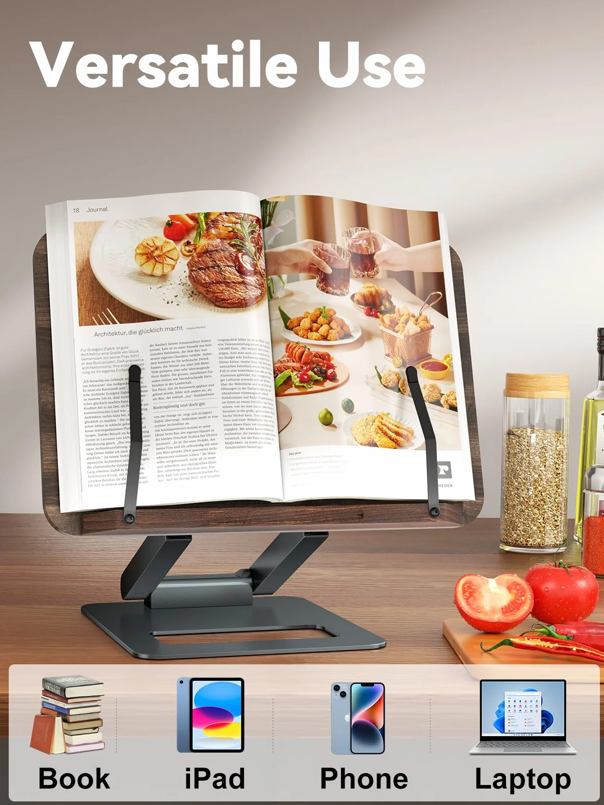 Tounee Atril telescópico para libros de cocina, altura ajustable, diseño extensible, ergonómico con pinzas laterales elásticas, apto para todos los libros (gris)