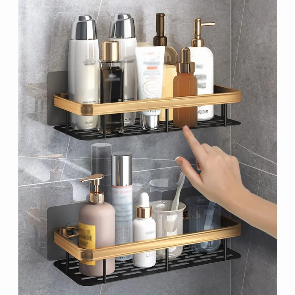 Cesta de ducha Estante de baño Cesta de ducha, Adhesivo de ventosa sin perforaciones en la pared, Soporte de champú para inodoro de aluminio dorado negro, Estante organizador de cocina Almacenamiento