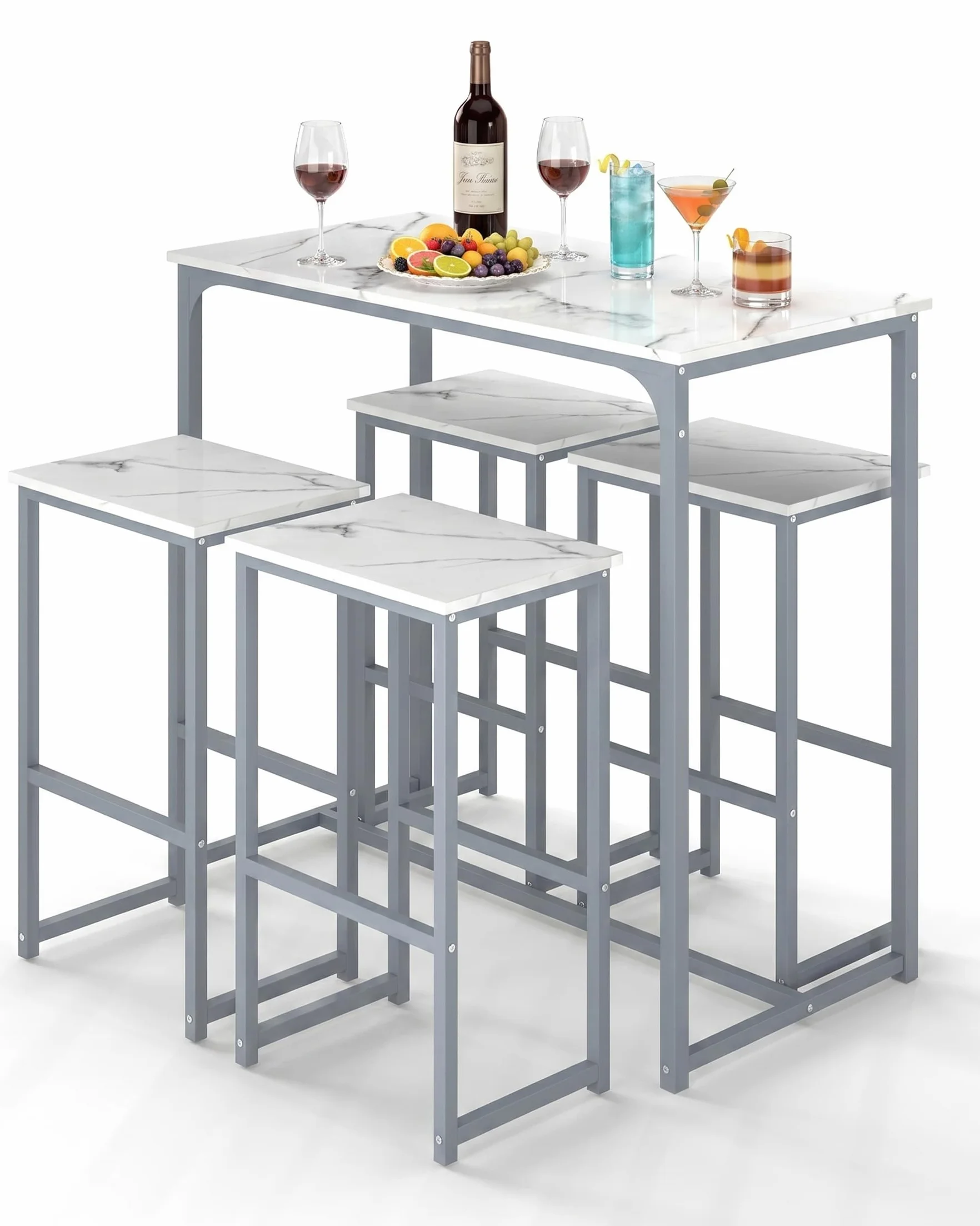 Mesa Alta Cocina con Taburetes, Mesa Cocina Pequeña con Sillas multifuncionales de diseño Moderno, Mueble Bar Salon líneas de mármol Blanco