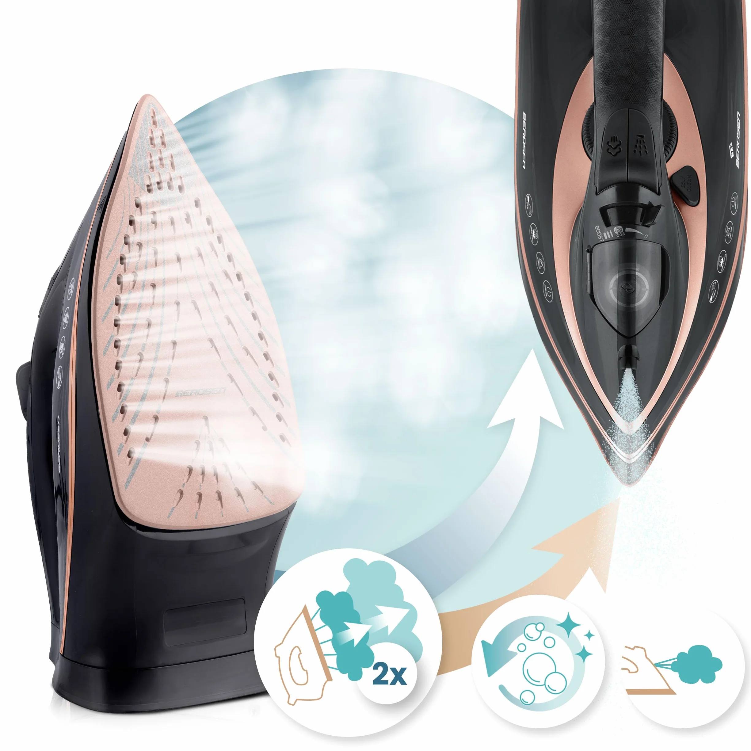 Berdsen Plancha de vapor, 3000 W, 10 en 1, con suela de cerámica, depósito de agua de 360 ml, doble golpe de vapor, color negro