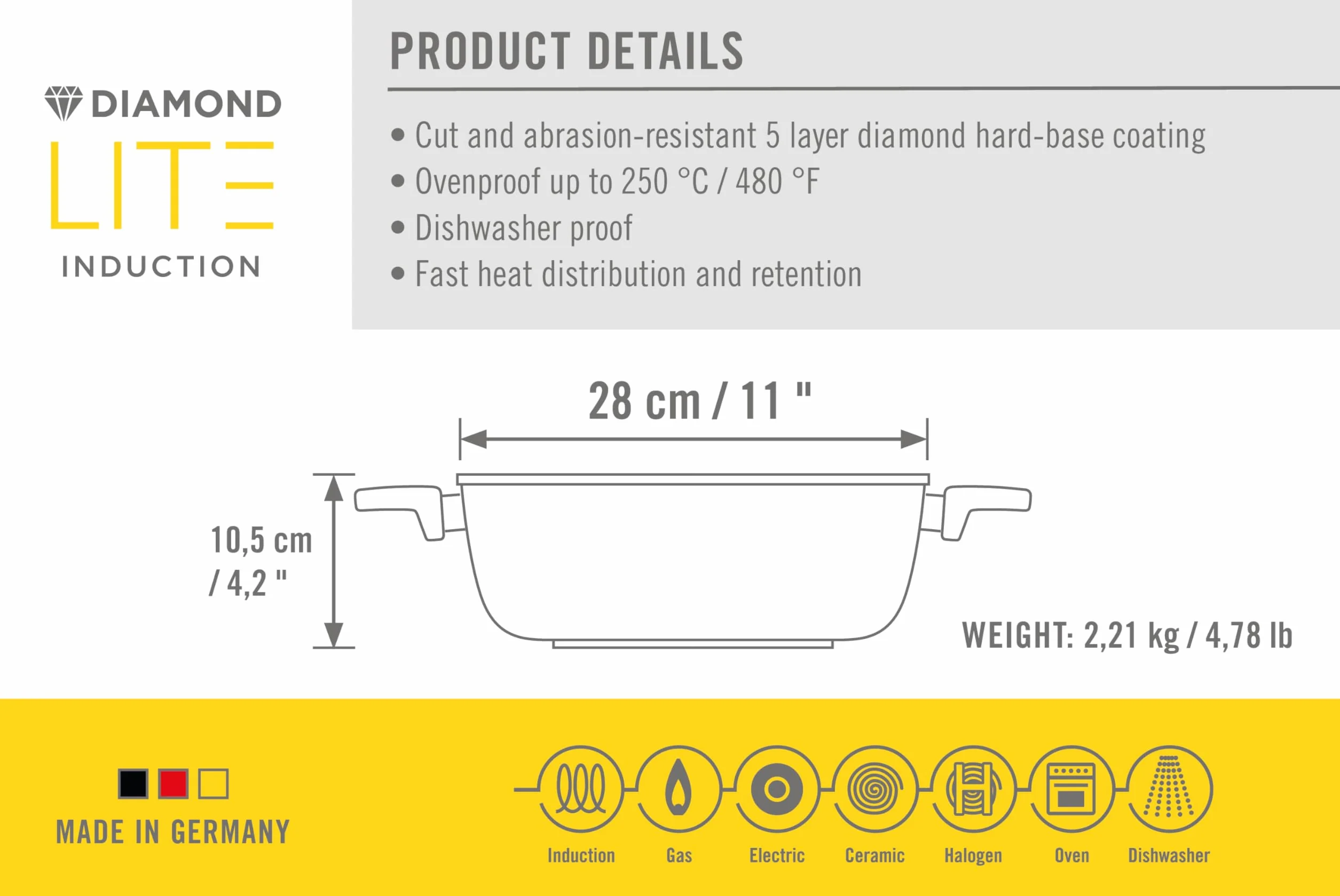 Woll 828dpi Diamond Lite Cacerola de Acero Fundido para inducción, Volumen 5,5 L, diámetro 28 cm, 10,5 cm de Alto