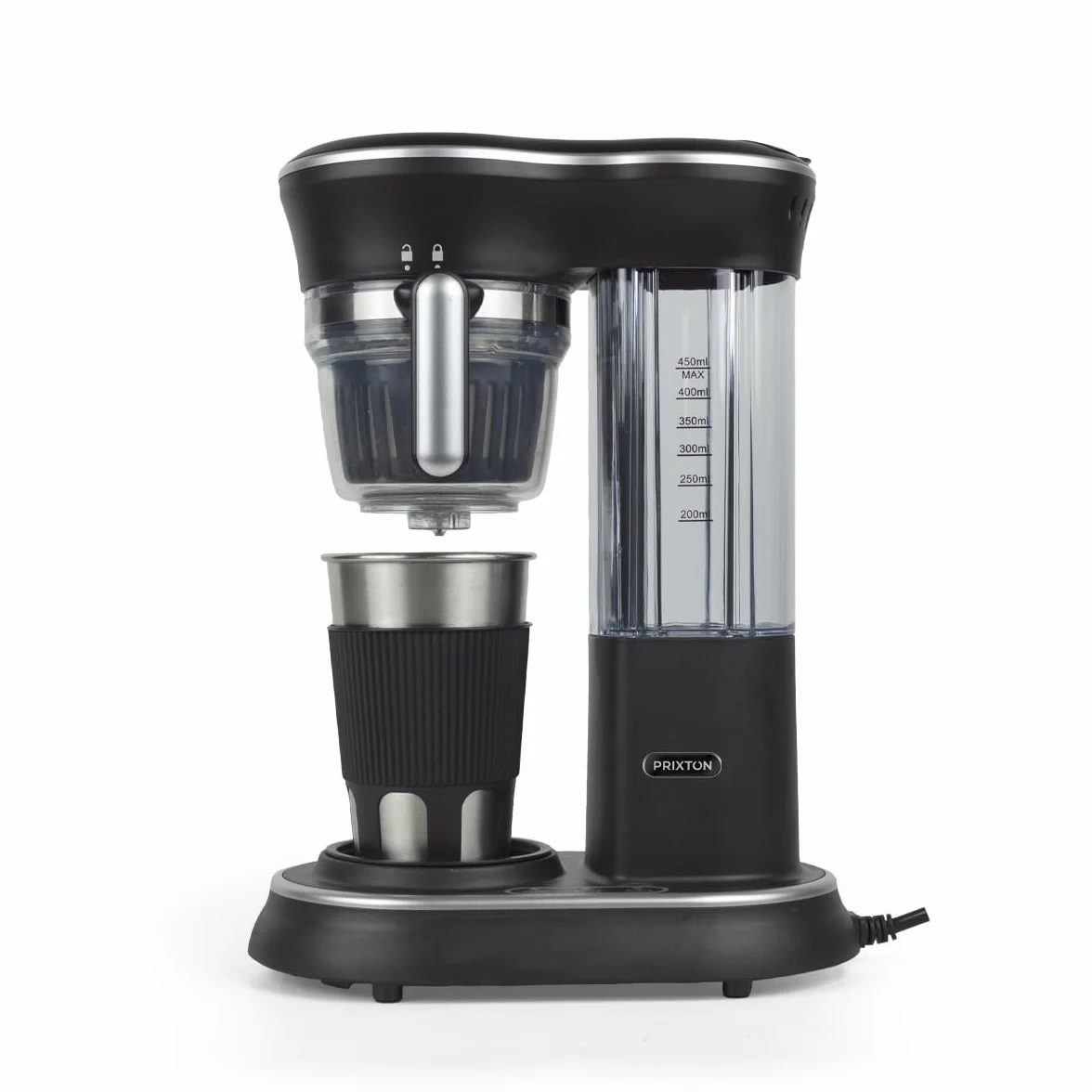PRIXTON Cafetera Capri con molinillo, Sistema por goteo, Vaso de acero inoxidable con tapa, 600 W