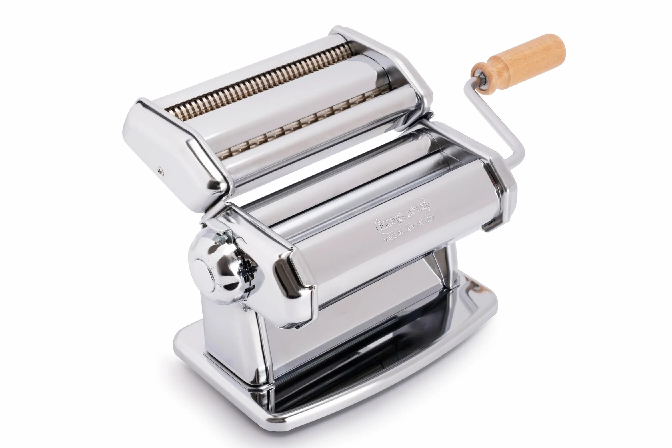 mperia IPASTA Línea Imperia. Máquina para pasta 100% fabricada en Italia. Máquina para pasta fresca de acero. Laminadora manual con manivela para lasaña, tagliolini y fettuccine. Cromada.