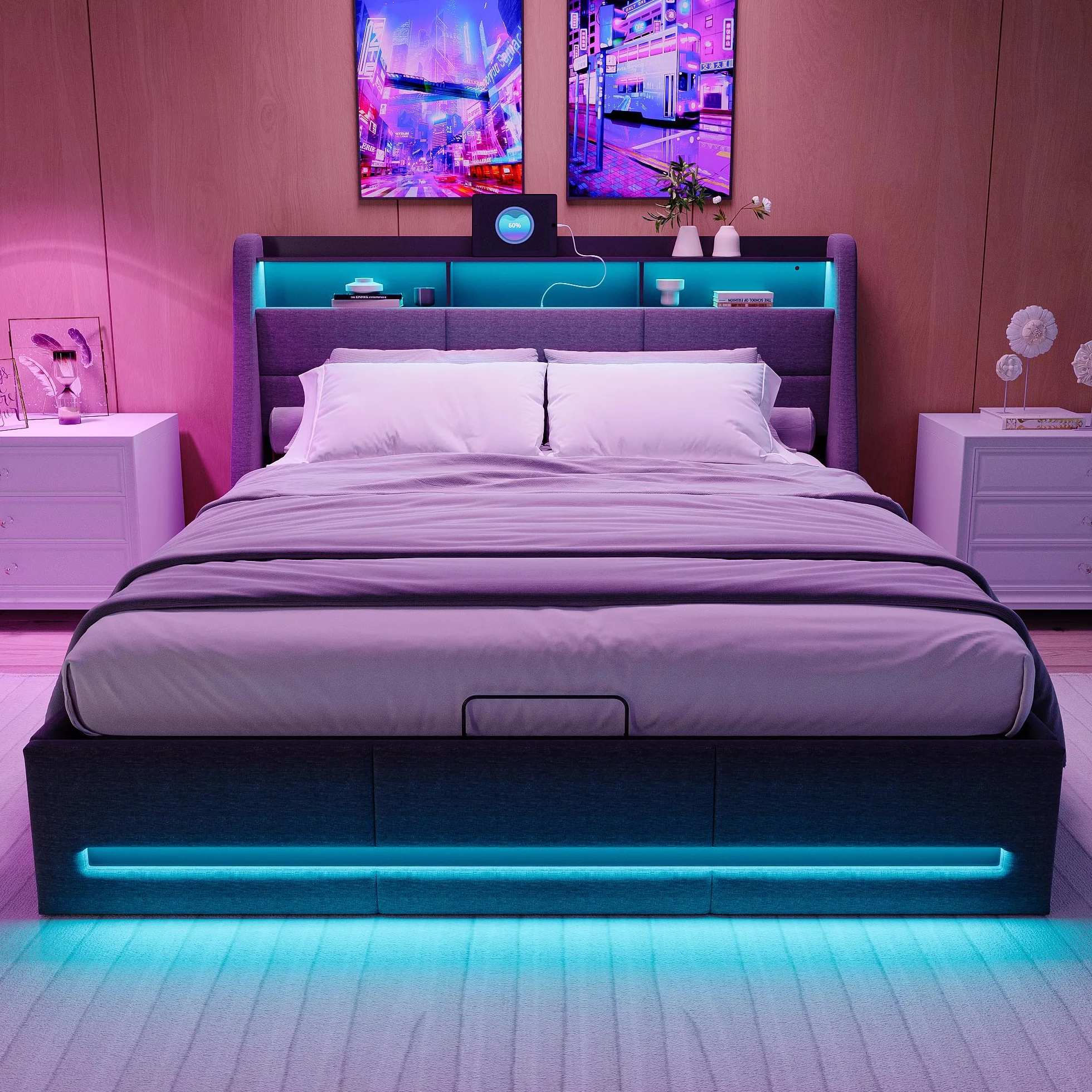 Cama con arcón 160x200 con LED,Cama tapizada,Cama Acolchada LED Almacenamiento hidráulica con Puerto USB, Camas Acolchadas con arcón,Camas Dobles con Almacenamiento,Cama Funcional Juvenil(Gris+Lin-1)