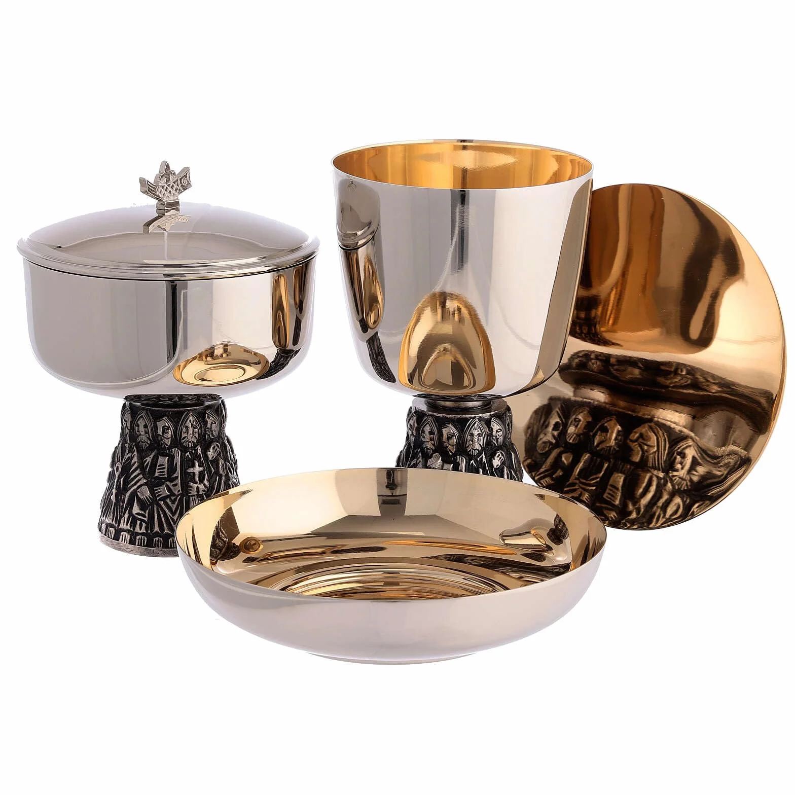 Holyart Cáliz copón Patena para ofrendas latón Plateado Base Relieve apóstoles, Ofertorio Patena