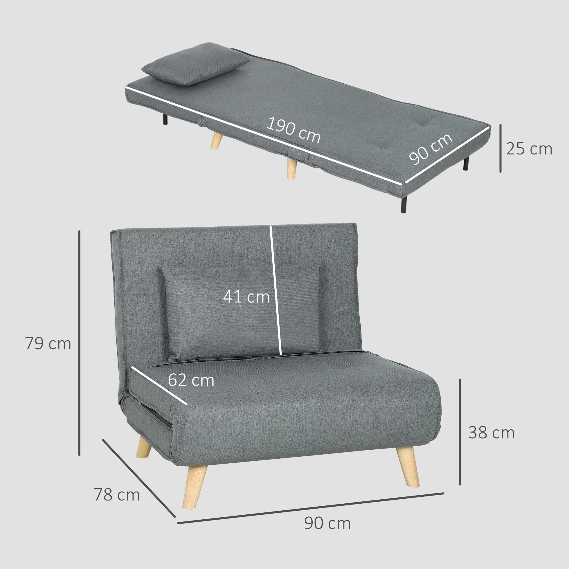 HOMCOM Sofá Cama de 1 Plaza 3 en 1, Sillón Cama Plegable Tapizado en Lino Sintético, con Respaldo Ajustable en 6 Niveles, Almohada, Asiento Ancho, Patas de Madera, 90x78x79 cm, Gris