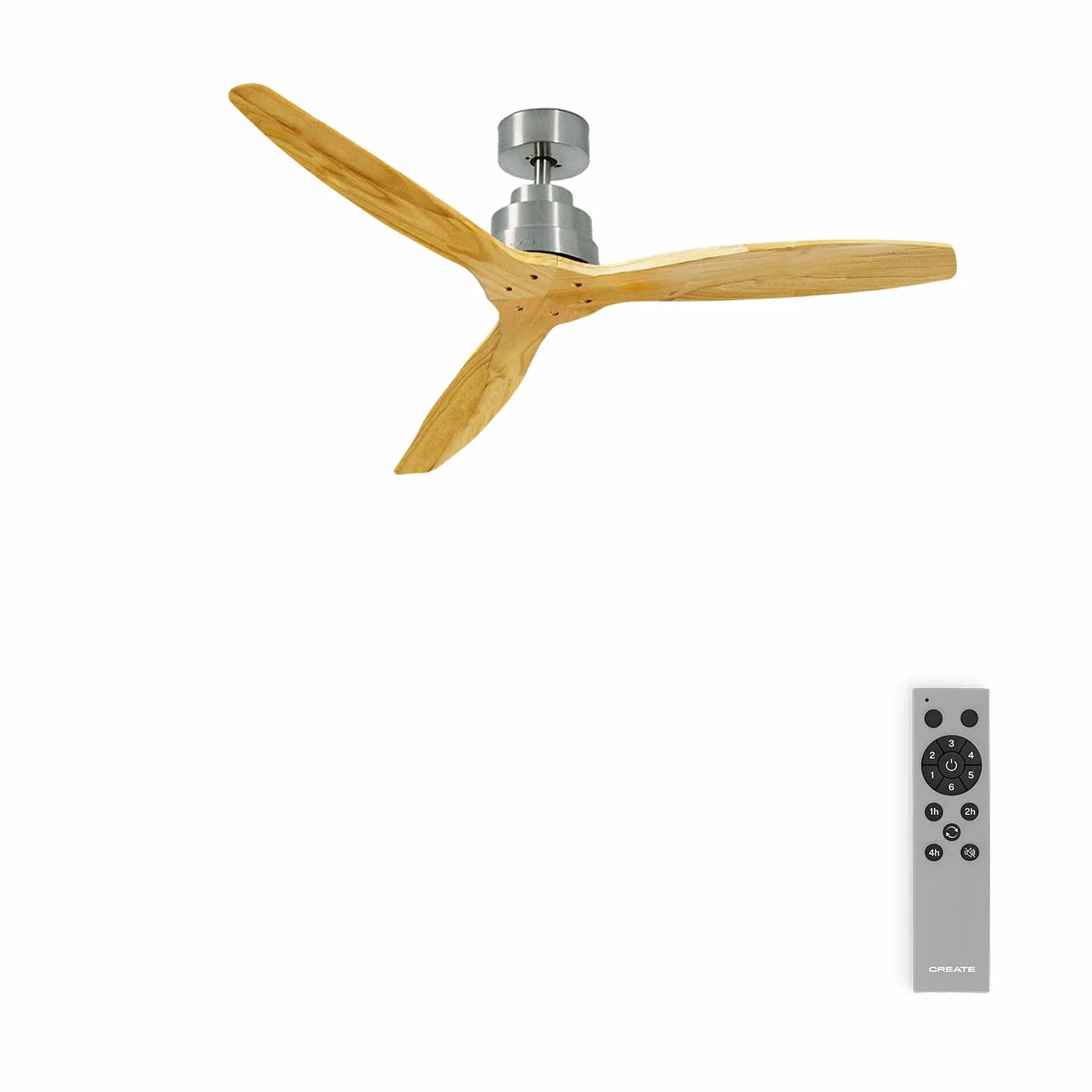CREATE / WINDSTYLANCE NATURAL WOOD/Ventilador de techo níquel aspas madera natural con mando / 40W, Silencioso, Ø132 cm, 6 velocidades, temporizador, verano-invierno, doble altura