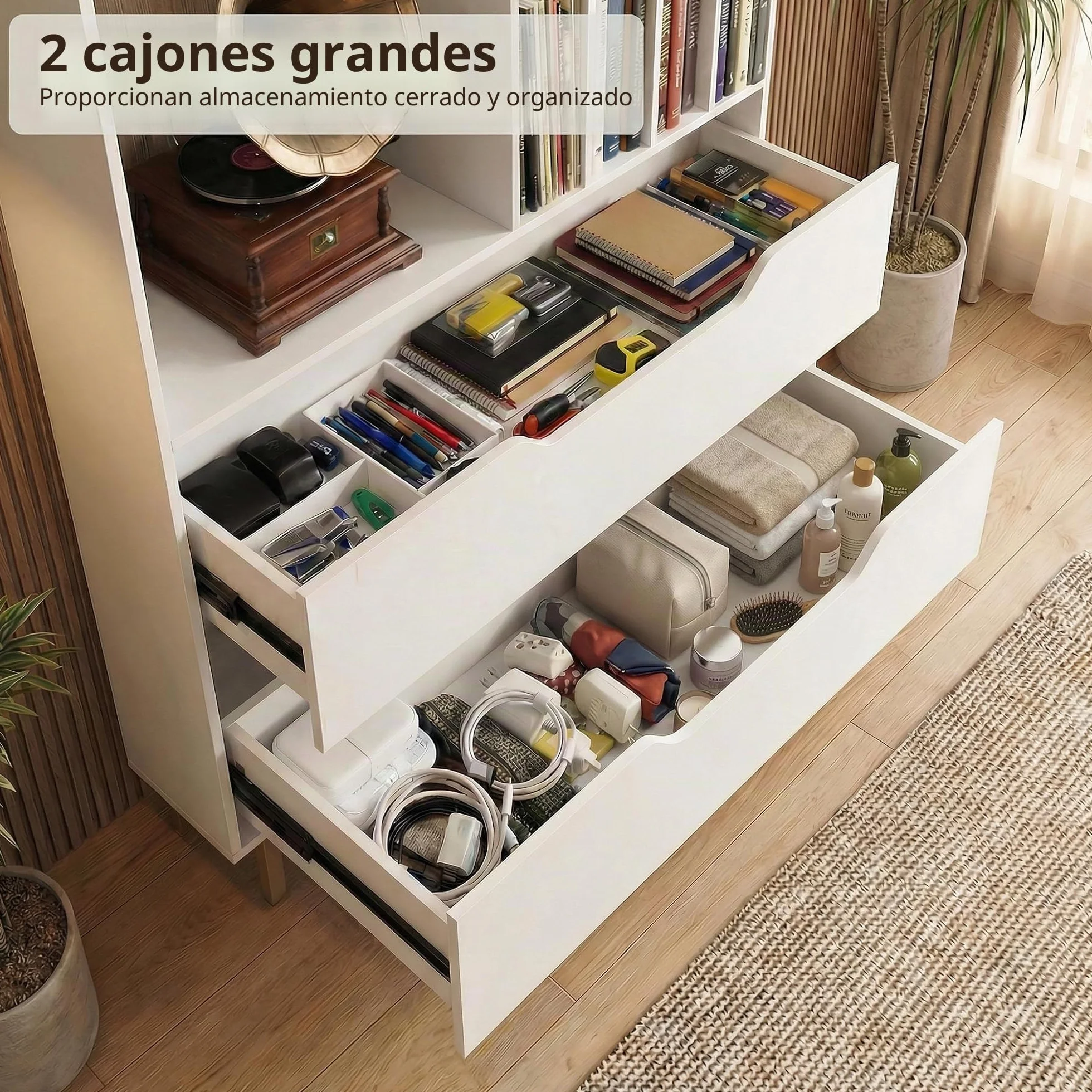 KOMFOTTEU Mueble para Tocadiscos con Compartimento Abierto y 2 Cajones, Soporte de Discos de Vinilo con Patas de Metal, Expositor para Discos para Dormitorio, Salón, Estudio, 91 x 36 x 87 cm (Blanco)