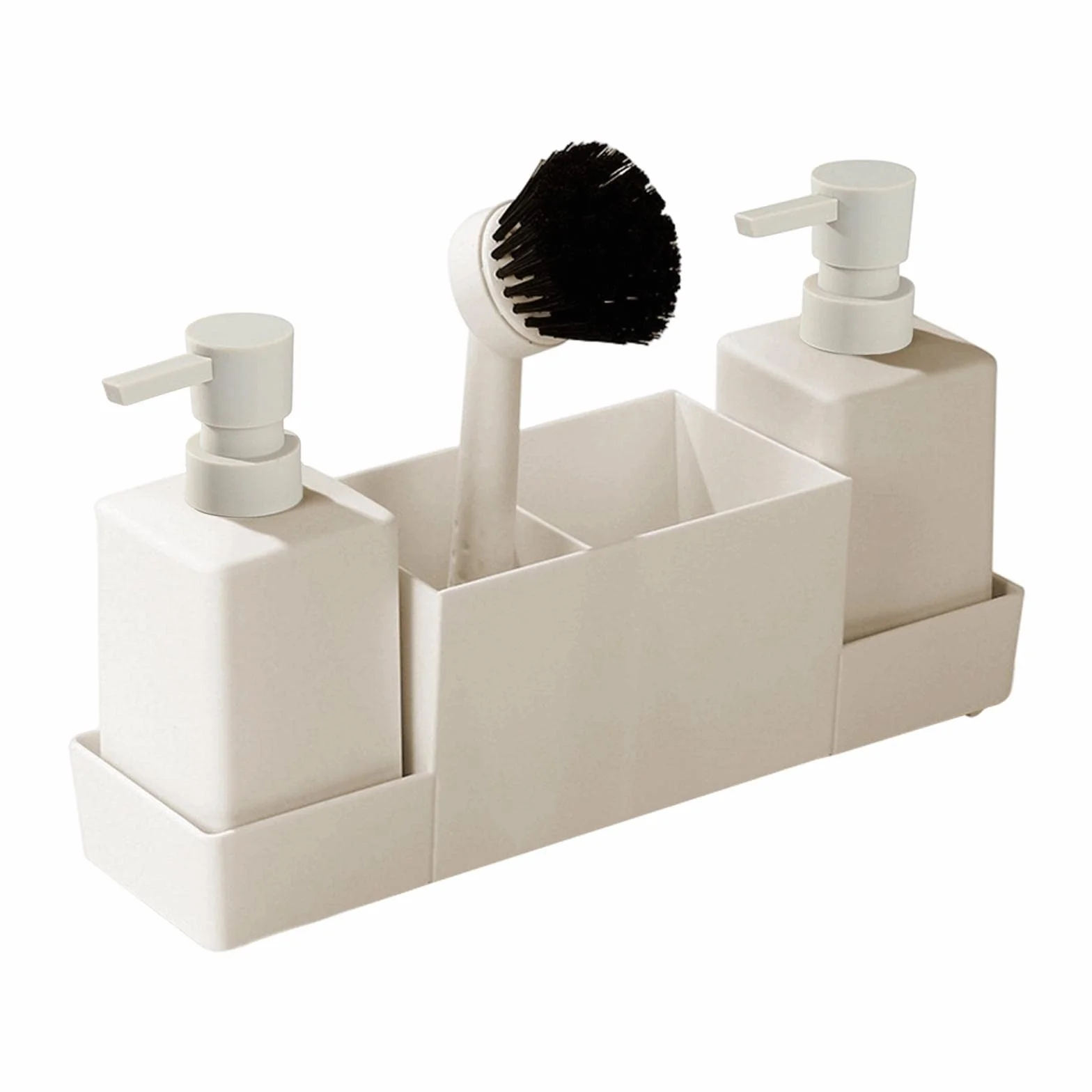 4 Botellas con Bomba, Dispensador de Jabón Líquido para Manos Portátil con Desagüe, Dispensador de Jabón de Cocina con Soporte para Esponja, para, Beige, Individual