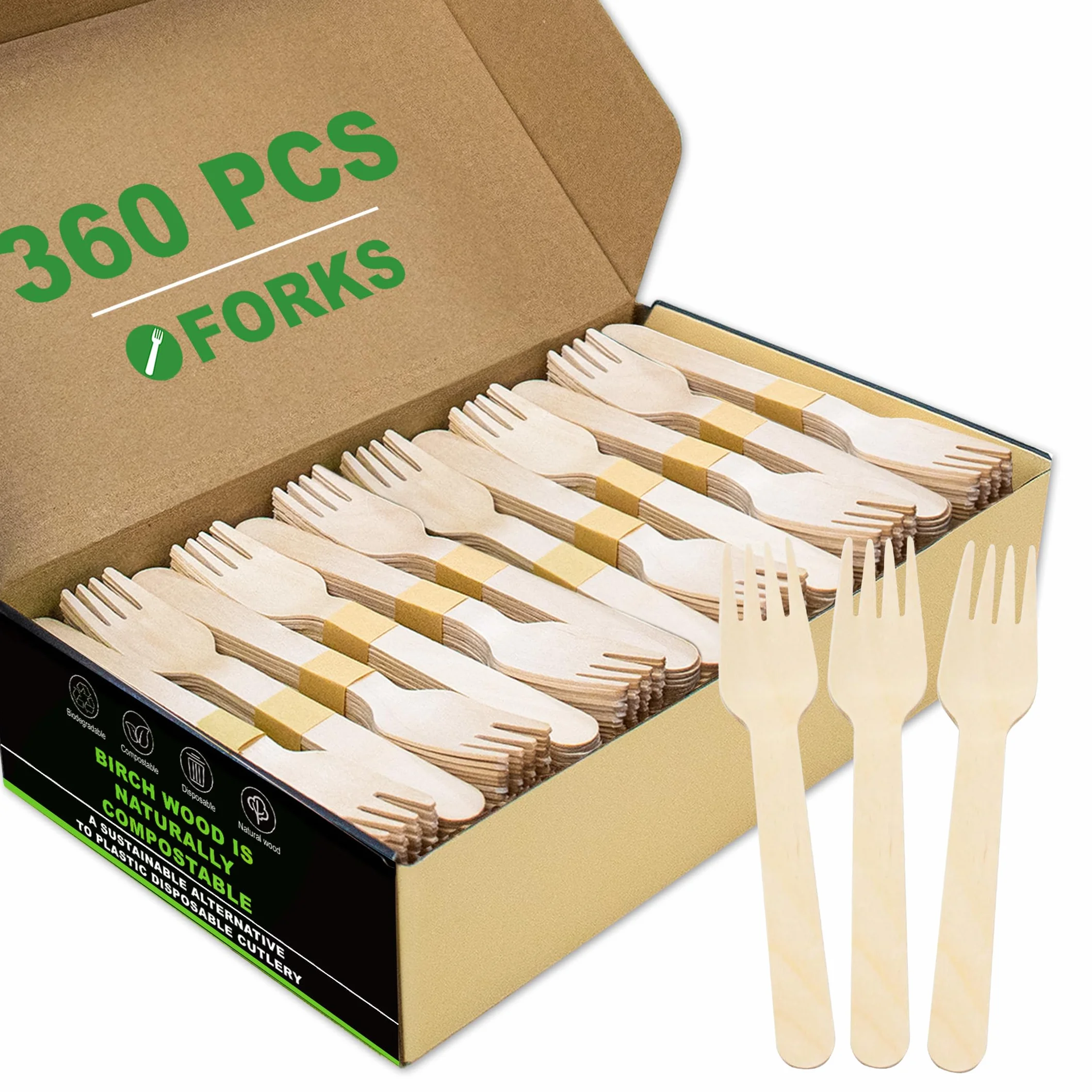 Tenedores de madera desechables, 360 tenedores de madera compostables biodegradables para comer, alternativa ecológica a los utensilios de plástico