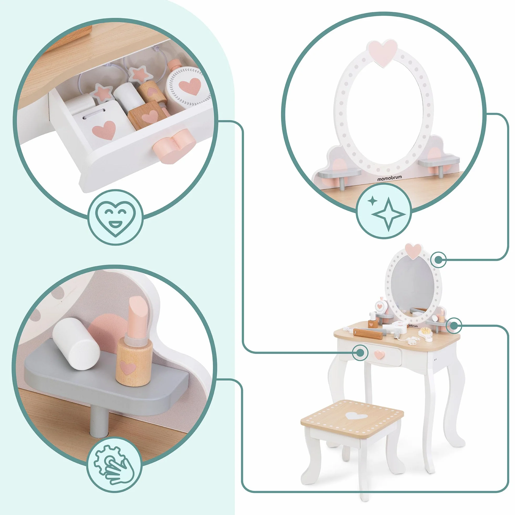 Mamabrum Maquillaje de Madera Dresser para Niñas - Vanidad con Perfume, Esmalte de Uñas, Cepillo y Lazos