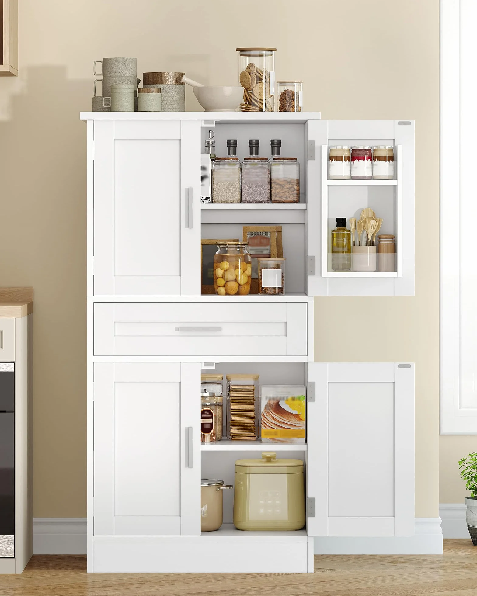 Alacena de Cocina 120 cm Aparador 4 Puertas 1 Cajón Armario Alto Blanco 40x60x120 cm
