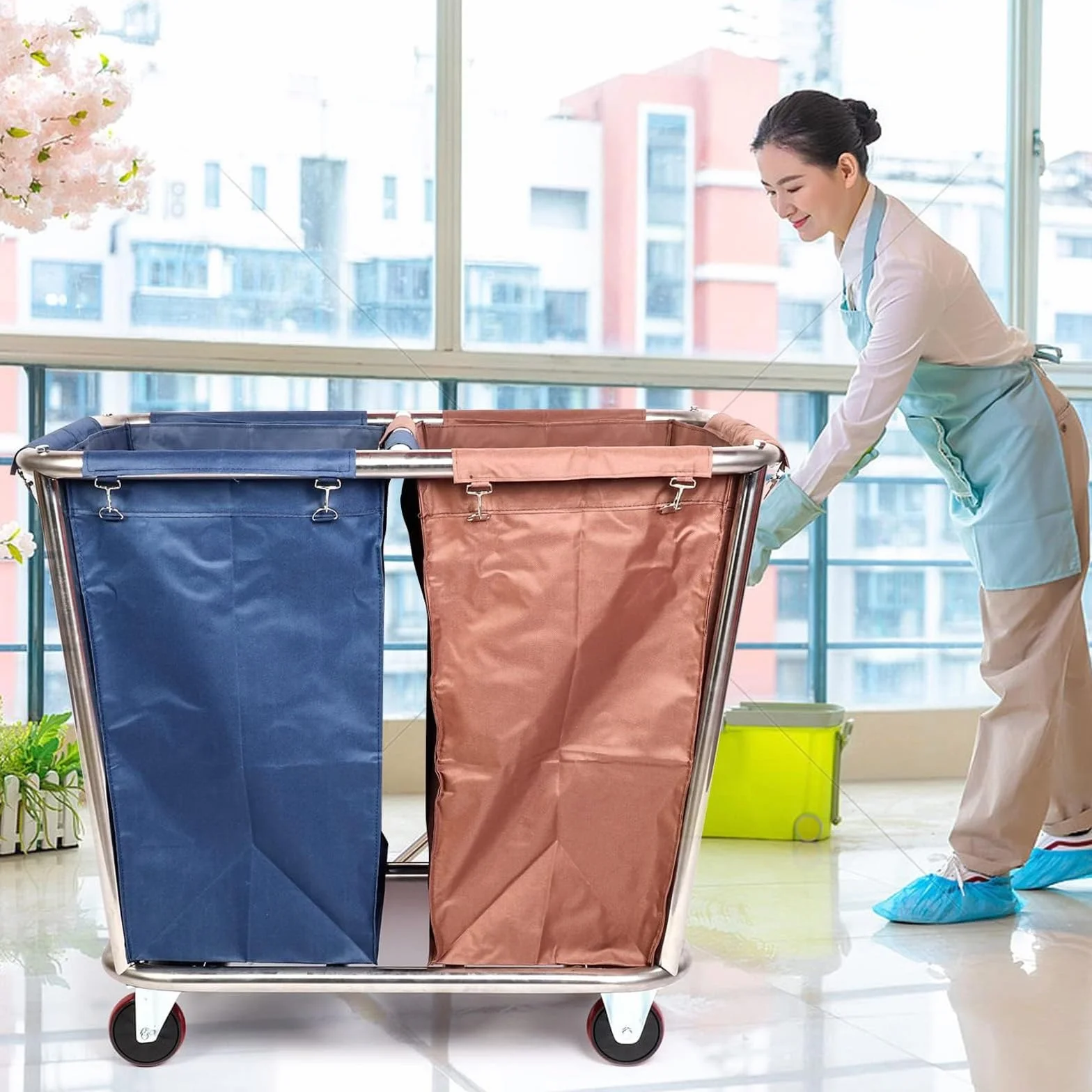 Carrito de Lavandería Comercial con Ruedas, Capacidad de 400 L, Clasificador de Ropa para 2 Bolsas, Estructura de Acero Inoxidable, Tela Oxford Impermeable