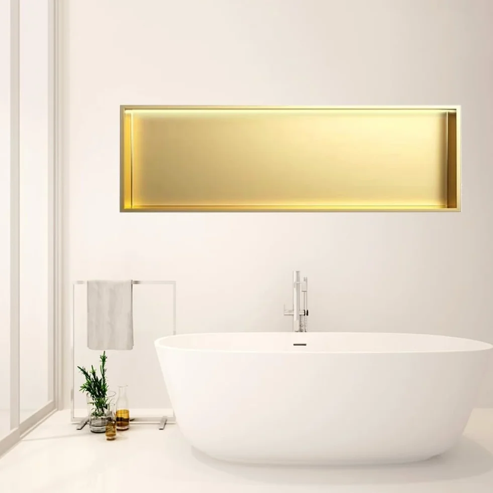 Nicho de Ducha de Pared de Acero Inoxidable con luz LED incorporada, Estante de Almacenamiento Individual, Hueco para Mejorar el hogar, Dorado (92 x 32 x 12,5 cm)