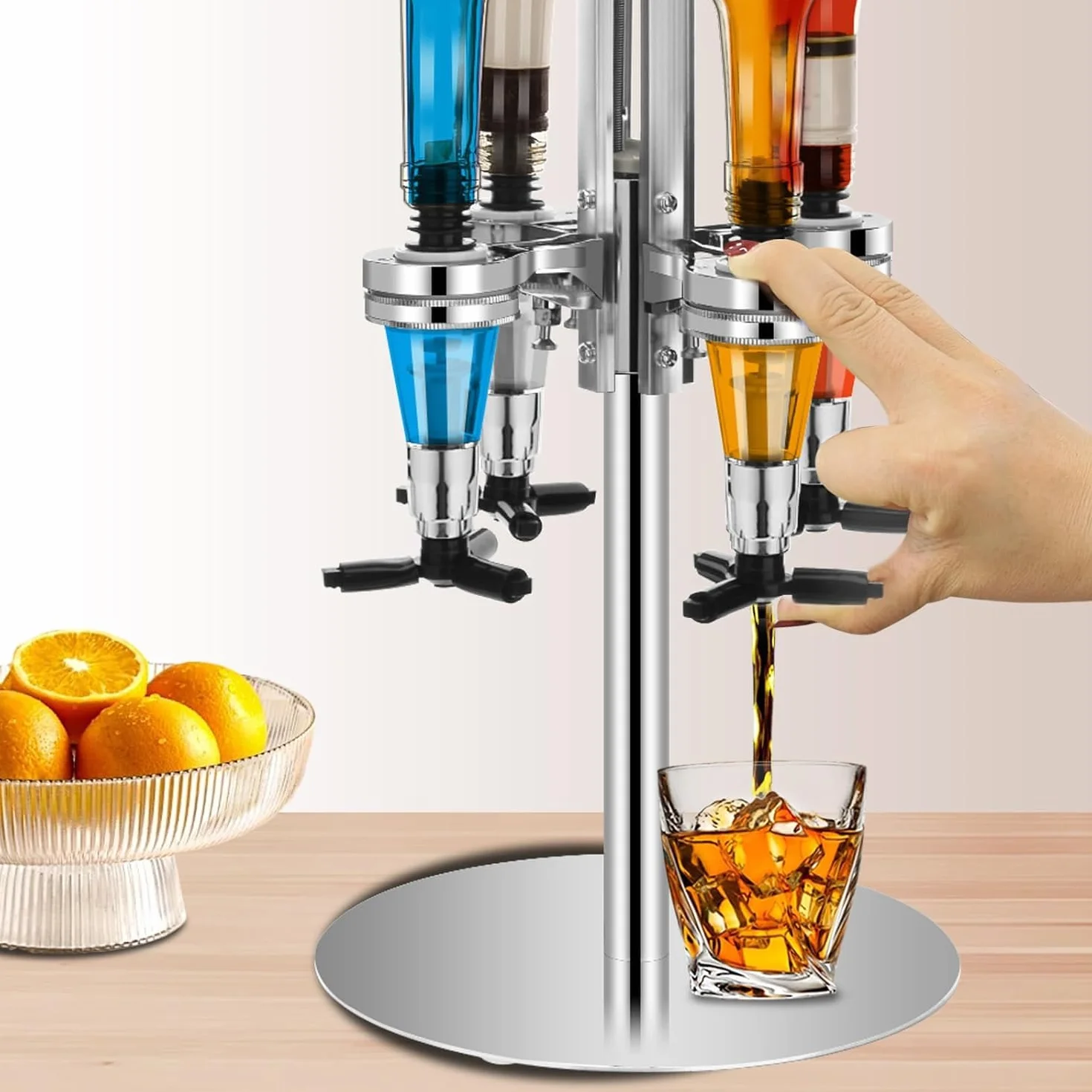 Dispensador de 6 Cabezales de Botella,Giratorio, para Montaje en Pared,para Familias,Bares,Aficionados a La Coctelería,Fiestas (Plateado)