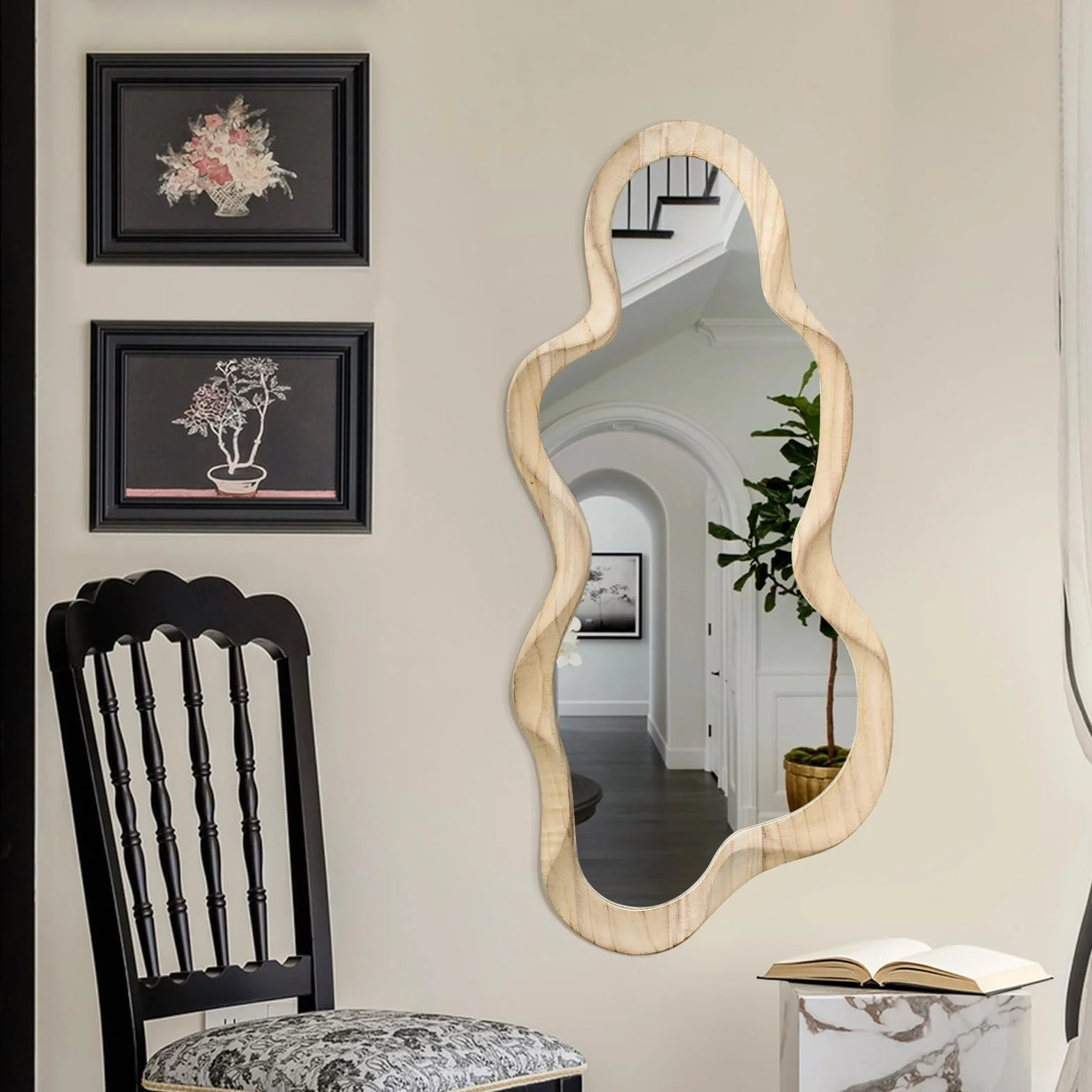 Espejo asimétrico para decoración de pared, gran espejo de pared moderno con marco de madera, forma única, espejo artístico montado en la pared, decorativo para sala de estar, dormitorio, baño