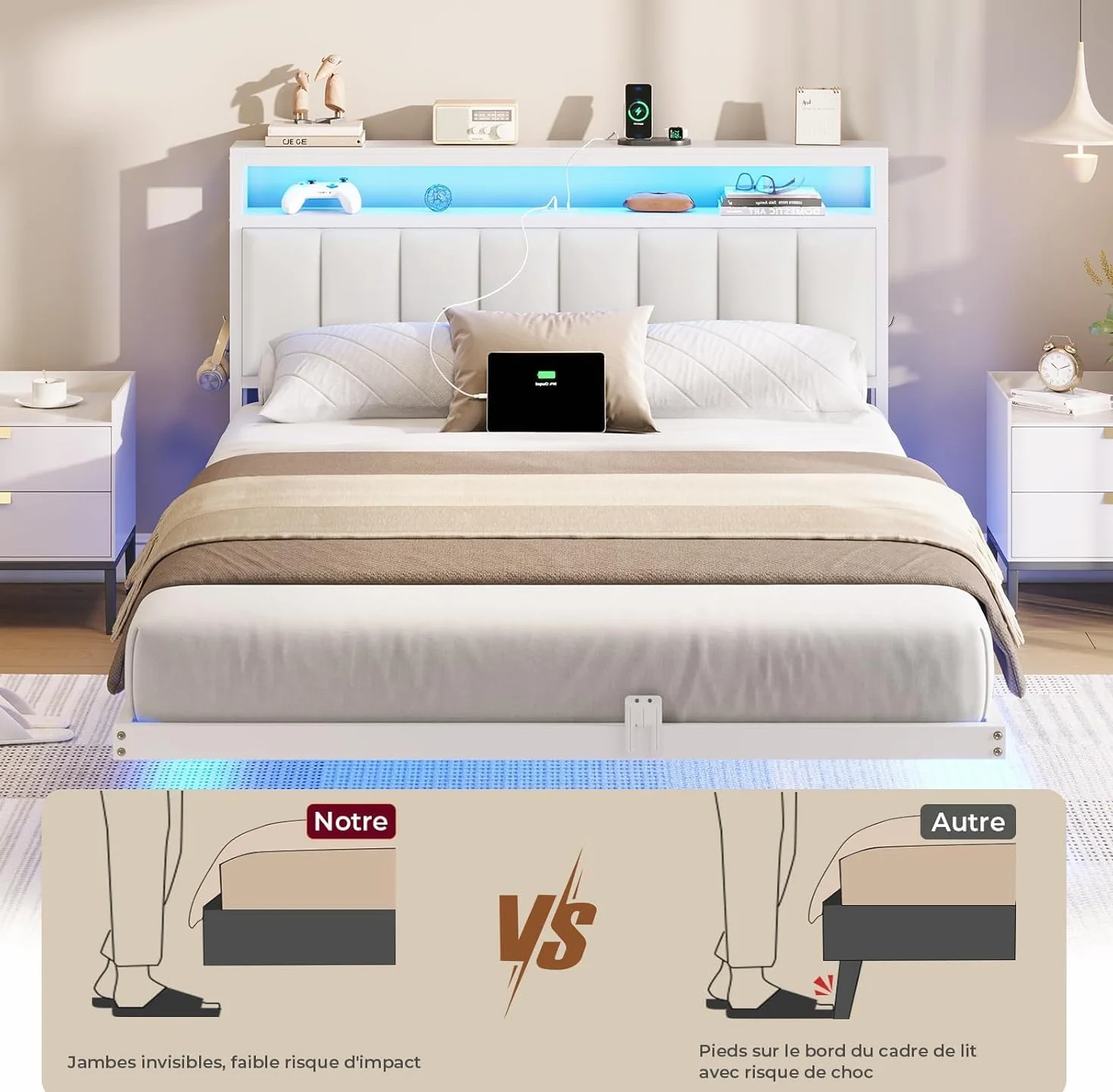 AOGLLATI Cama 140 x 190 cm con Iluminación LED y Estación de Carga, Camas Matrimoniales con Cabecero Tapizado en PU, Cama Matrimonio con Espacio de Almacenamiento, Diseño Visual Flotante, Blanco