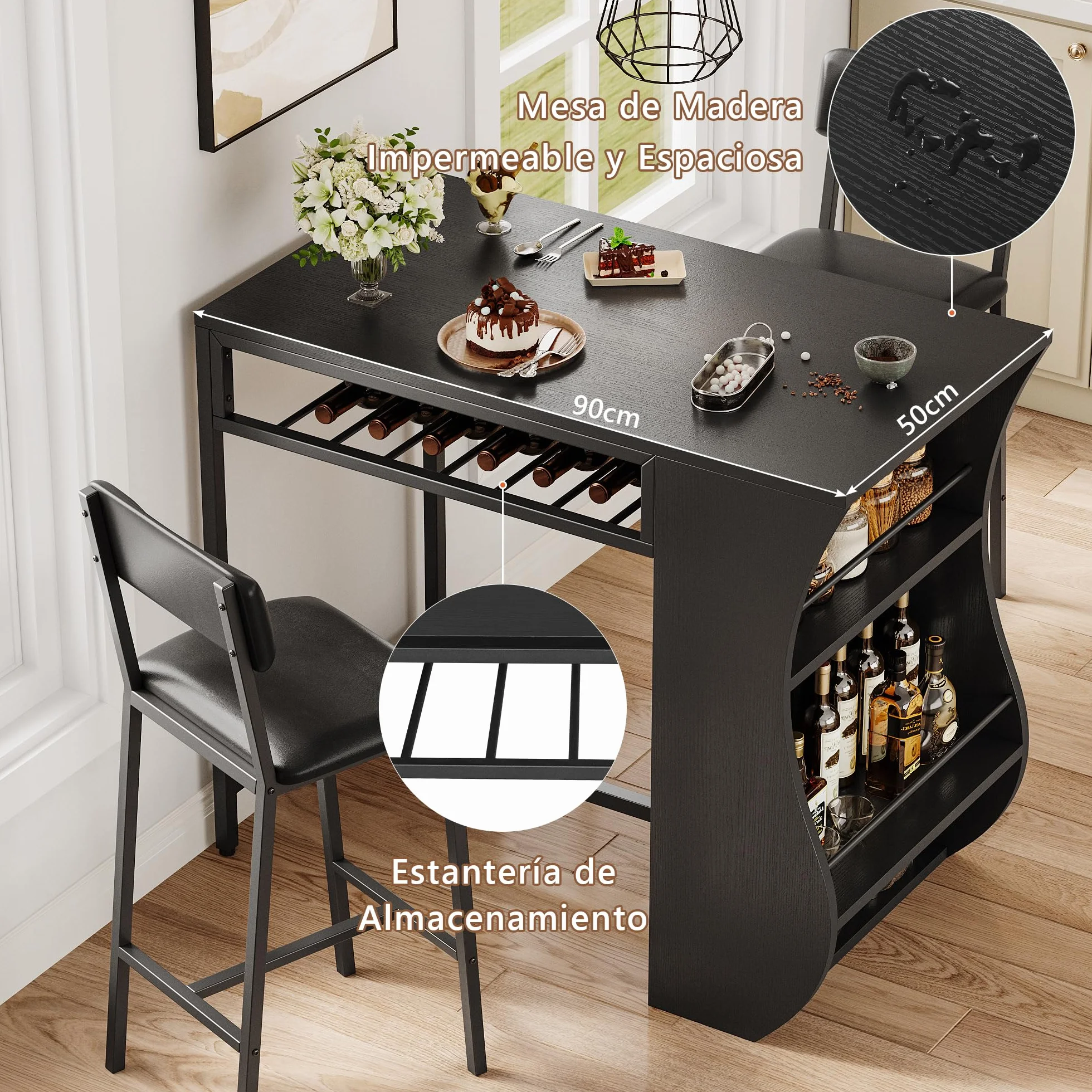FEONASE Juego de mesa de bar y taburetes de 3 piezas con estante para vino, marco de acero