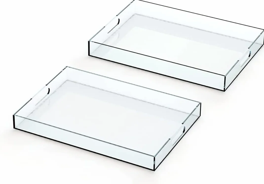 Bandeja de plástico acrílico con asas – Bandeja rectangular grande – Desayuno, té, café, alimentos, bebidas, – Juego de 2: 42 x 30 x 5 cm y 40 x 28 x 4,3 cm (transparente)