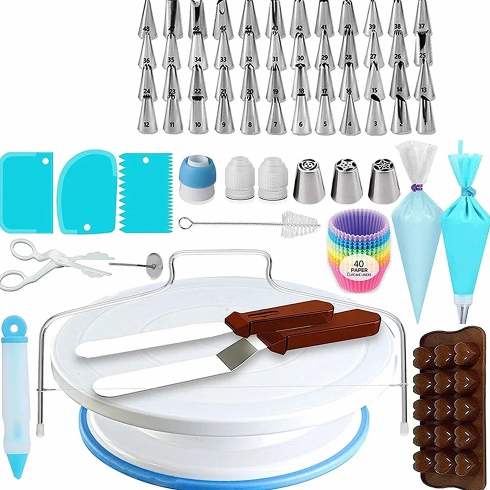 Reposteria Utensilios,Equipos para Hacer Pasteles Juego de 150/200 piezas de platos giratorios antideslizantes for decoración de tartas, bolsa de silicona reutilizable, boquilla de acero inoxidable fo