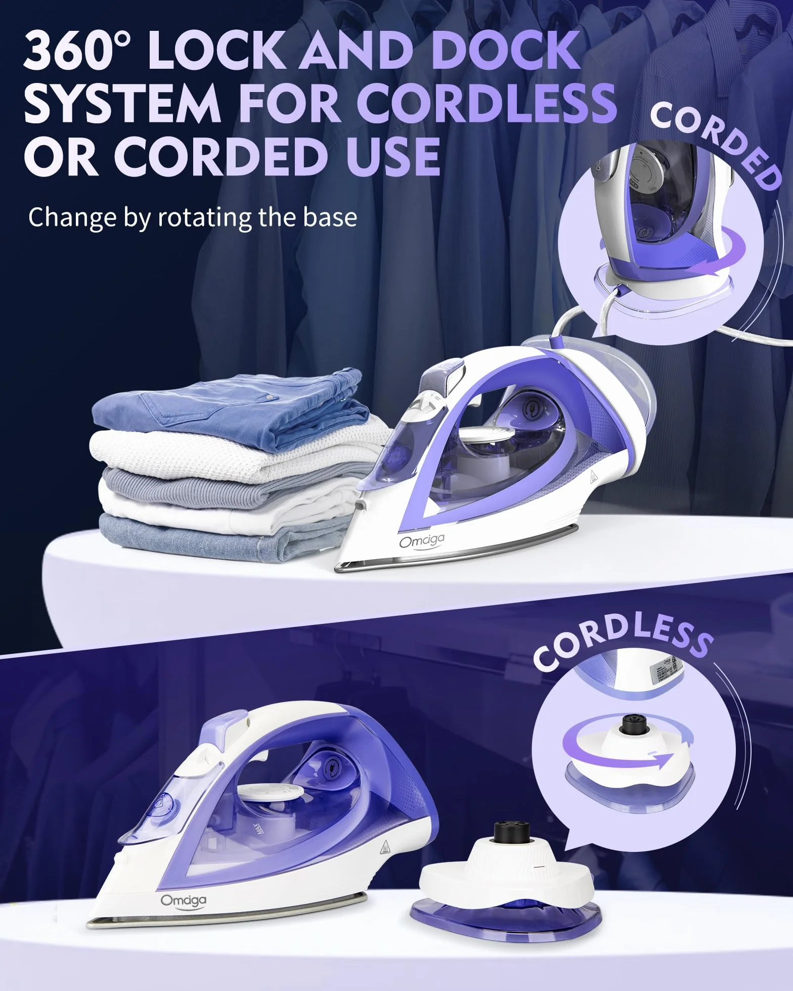 OMAIGA Plancha de vapor inalámbrica de 1550 W, plancha de vapor inalámbrica 2 en 1 para ropa con depósito de agua de 1550 W, plancha de vapor antigoteo con suela de cerámica, plancha
