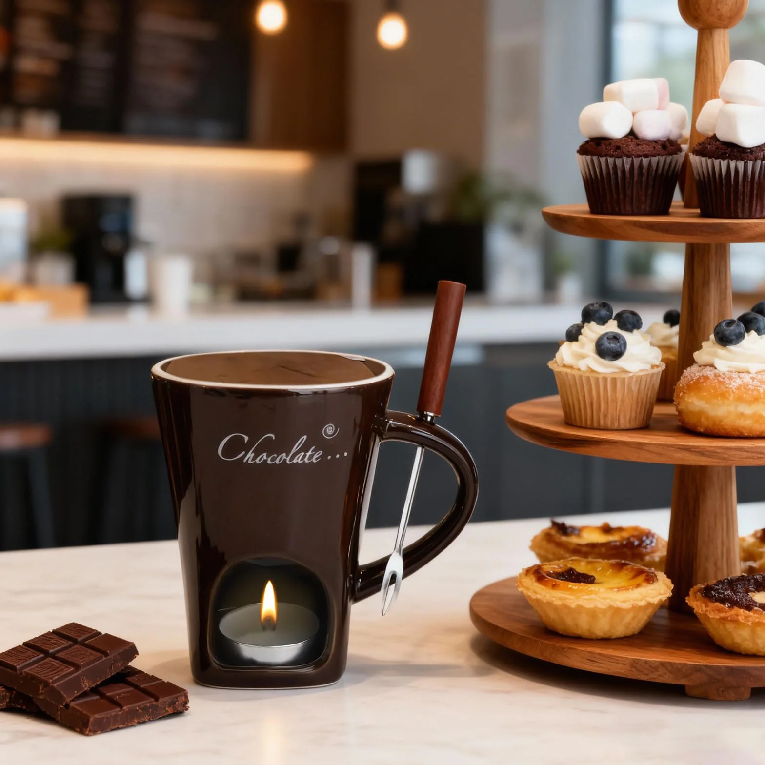 Taza de cerámica para fondue de chocolate, 130 ml, con portavelas y tenedores