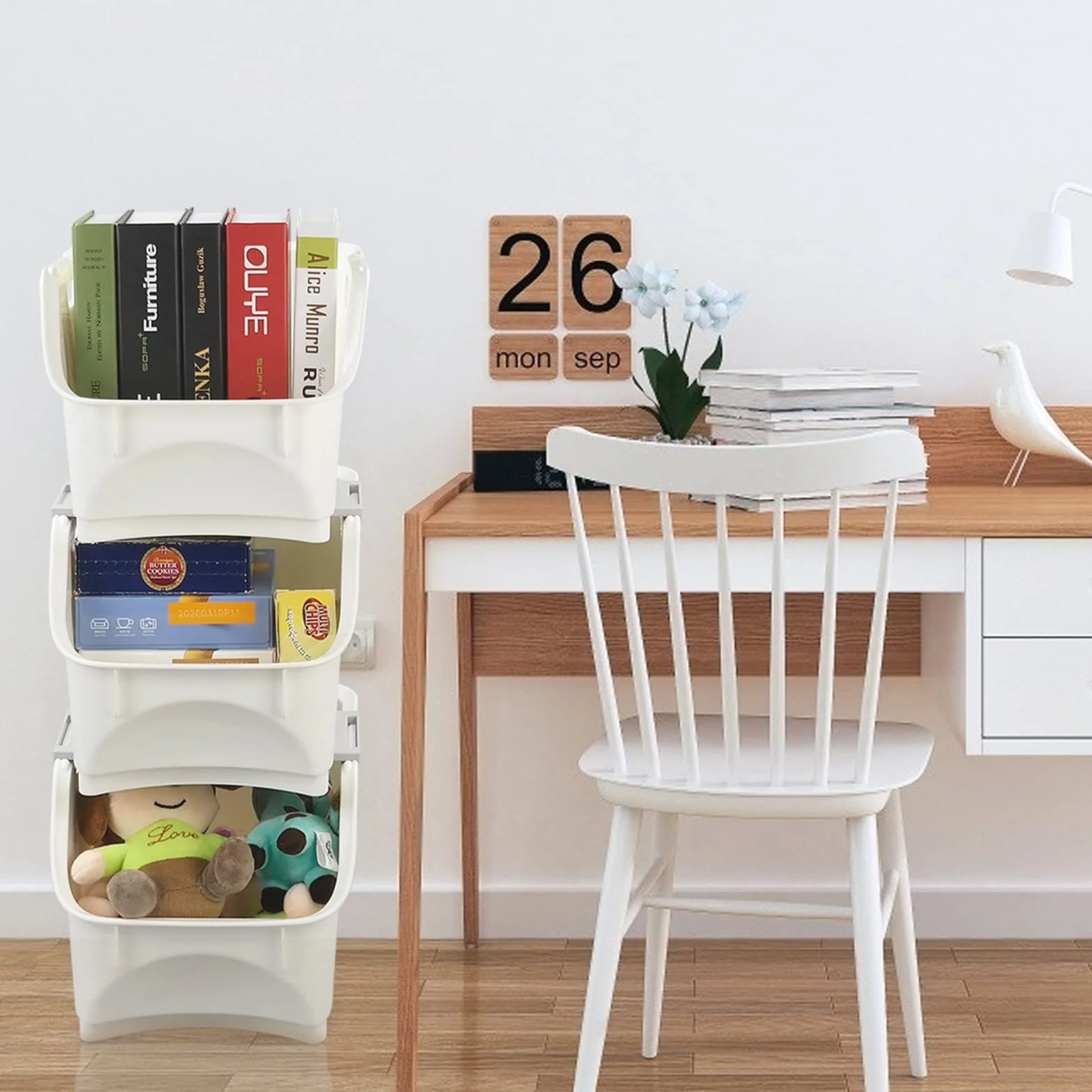 Cesta De Almacenamiento Apilable De Plástico, 3 Paquetes, Blanco