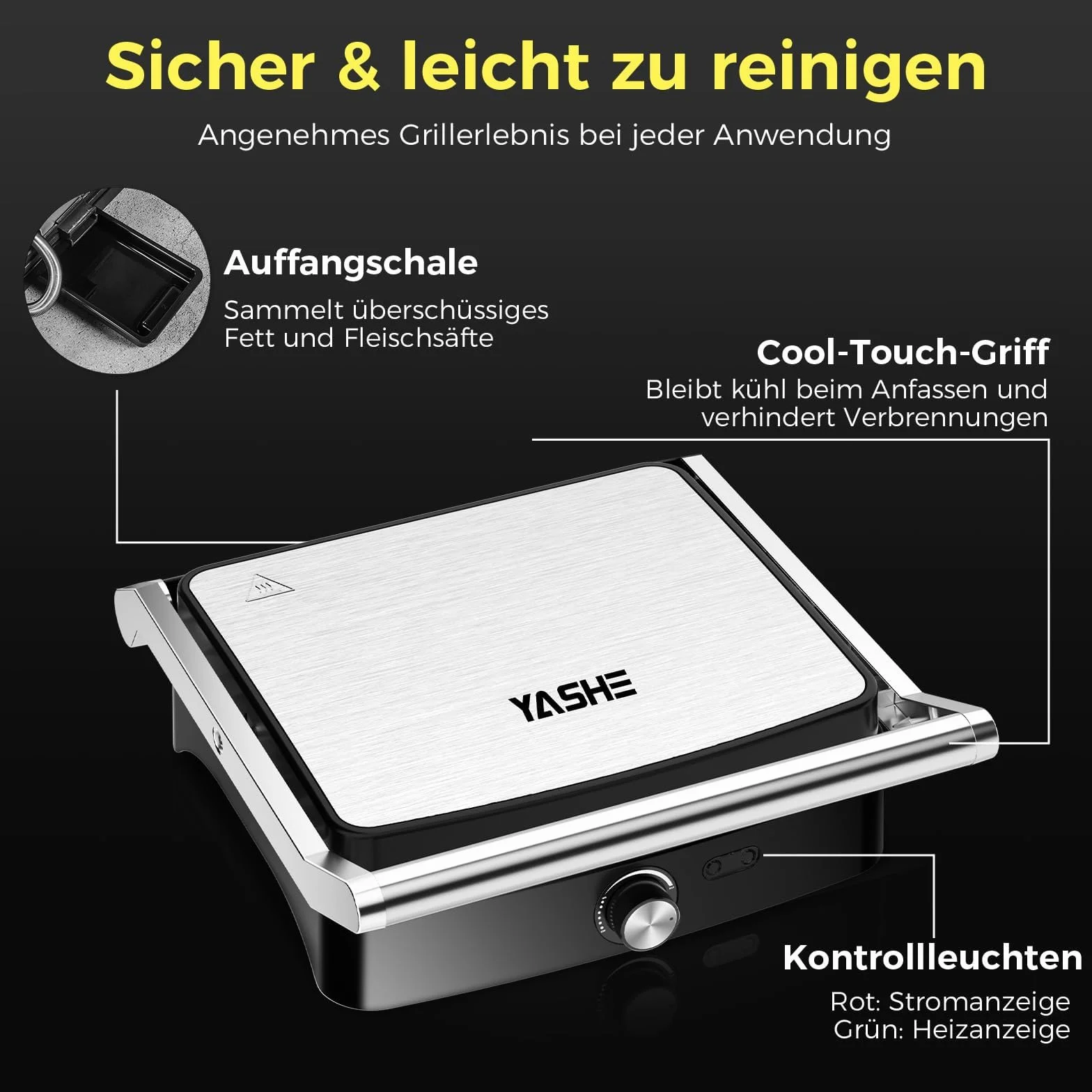 YASHE Parrilla de contacto, sándwich con regulador de temperatura, parrilla de mesa plegable de 180 grados, placa antiadherente, tapa de acero inoxidable, parrilla Panini para sándwich, carne y