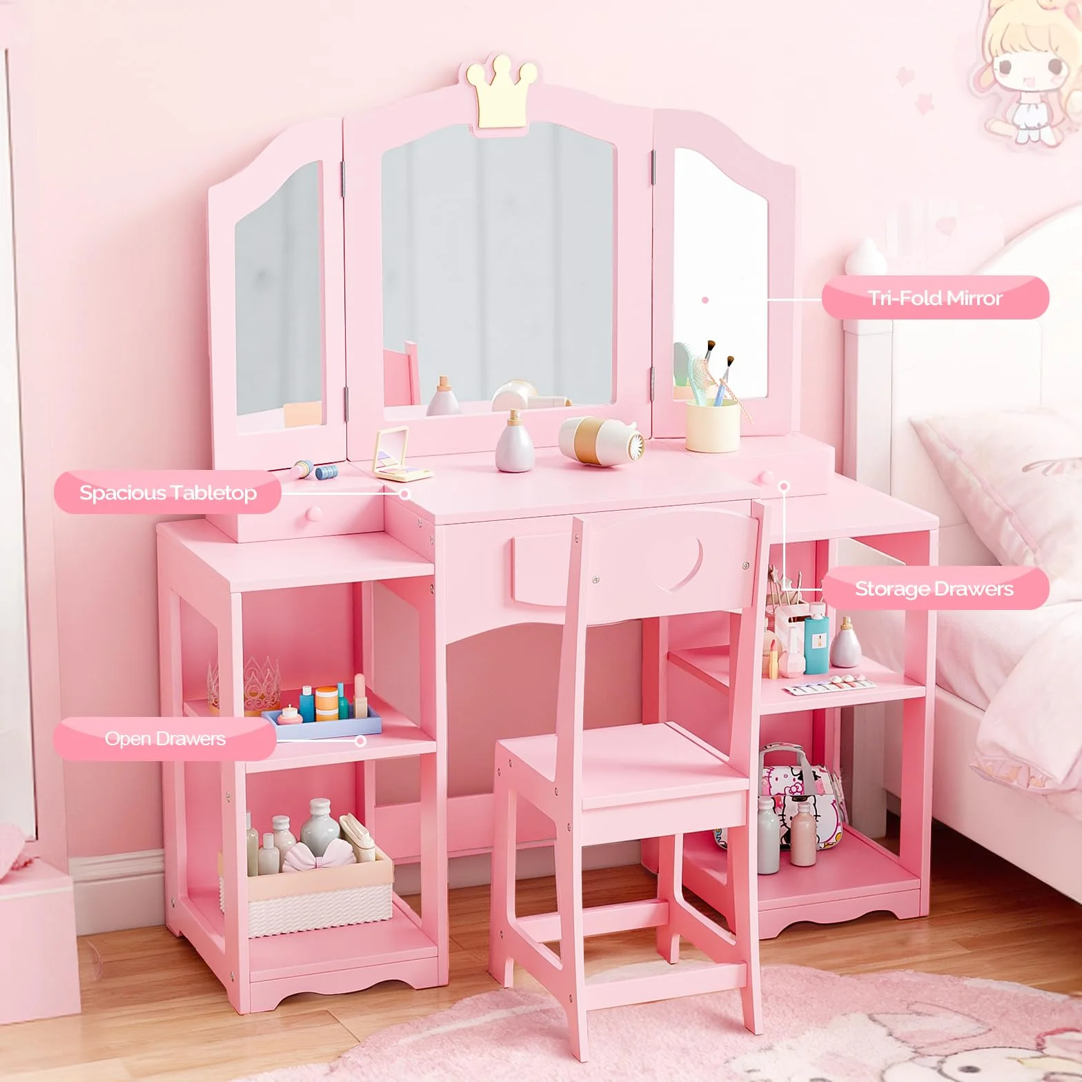 Bonnlo Tocador Infantil con Espejo de Tres Paneles y Taburete, Mesa de Maquillaje de Madera con Diseño de Corona, Rosa, Grande