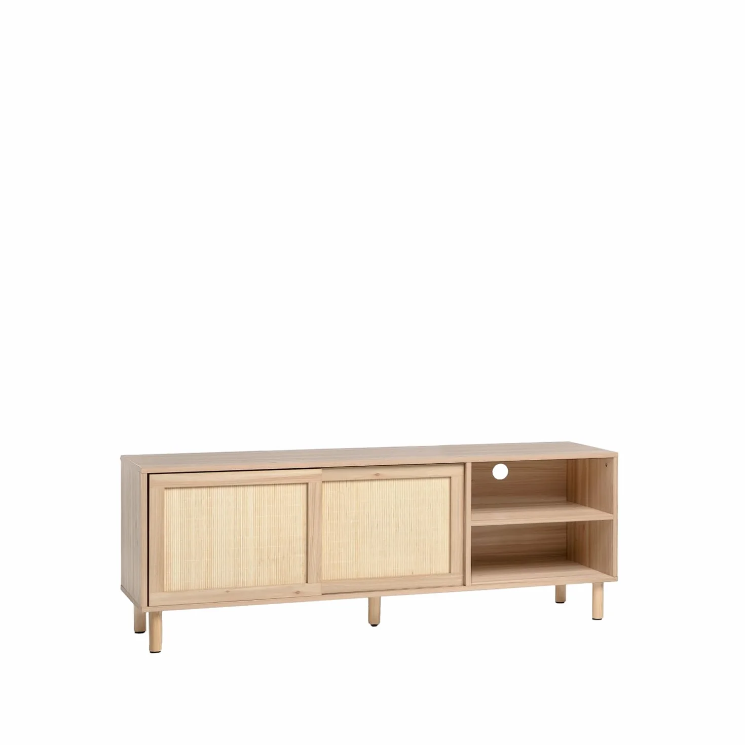 Mueble TV Timor, acabado madera y bambú natural, estilo original y cálido, 2 puertas correderas, 2 estanterías, pasacables, dimensiones 140 x 54 Cm.