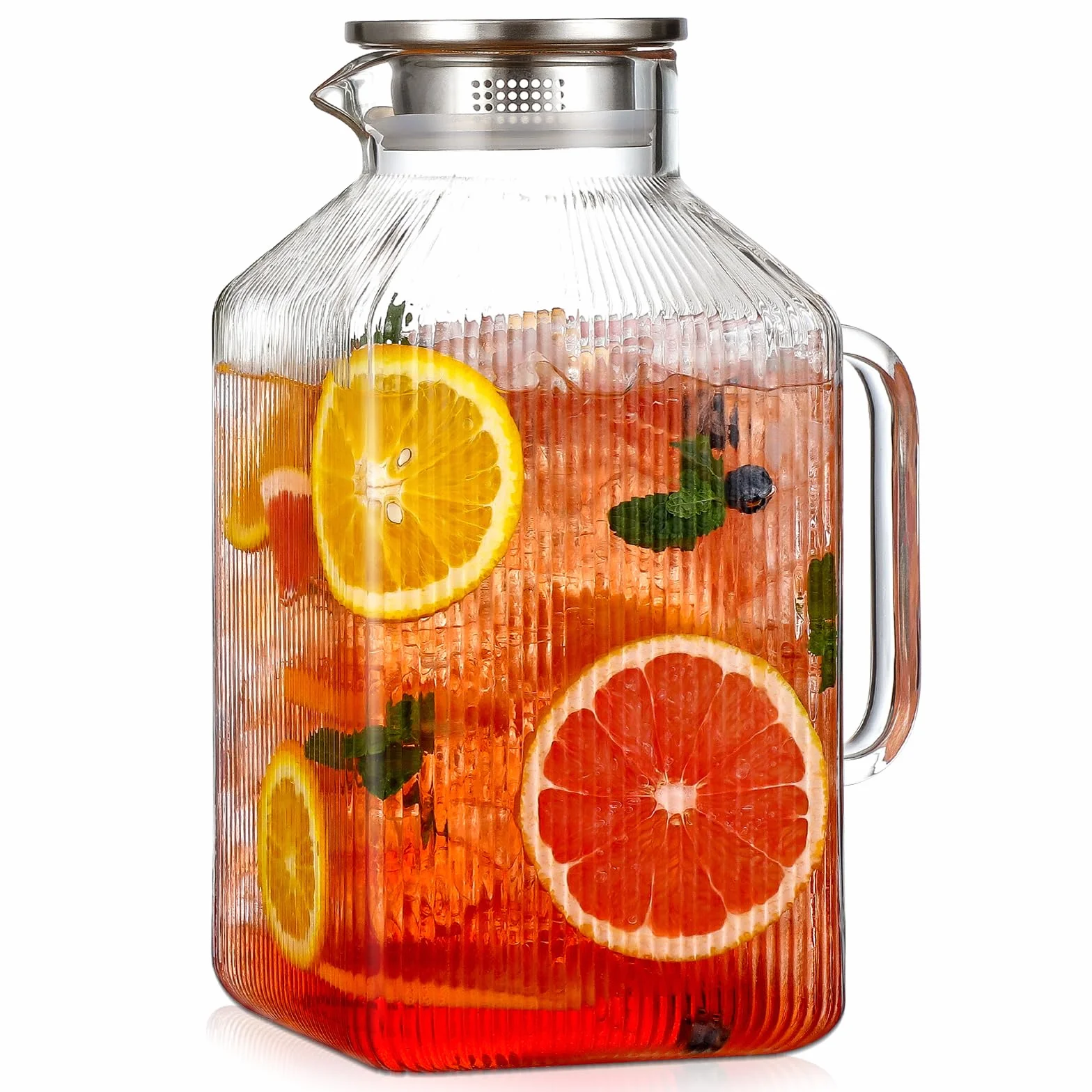 Jarra cuadrada de vidrio grueso de 1 galón con tapa, jarras de agua de rayas clásicas para refrigerador, jarra de vidrio de borosilicato para bebidas calientes y frías, jarra extragrande con asa para