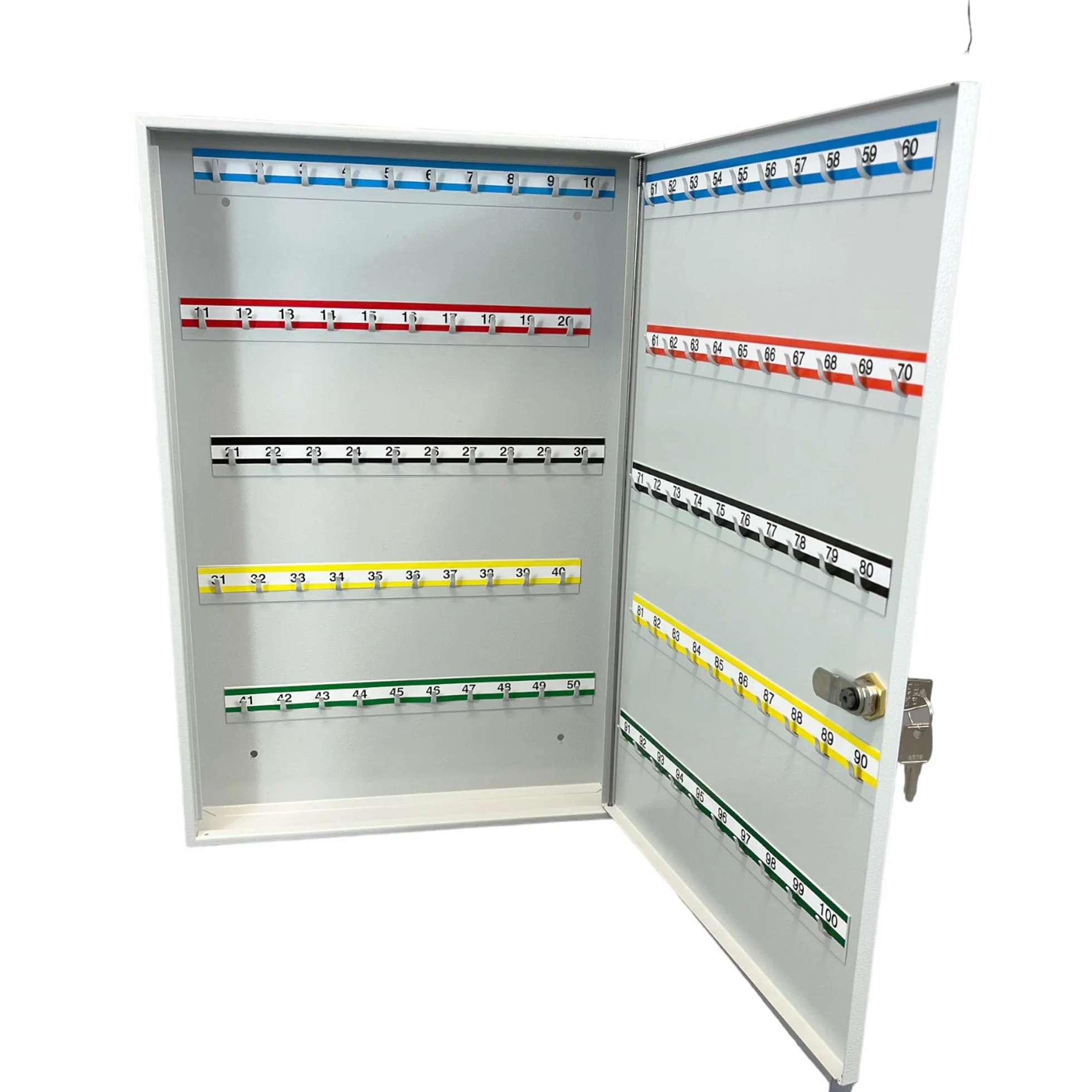 LEOMAR Armario para Llaves, Caja con 100 Ganchos, de Chapa de Acero, con Tiras de Ganchos Fijas, para Montaje en Pared, con Cerradura, con Material de Montaje, 6 x 35 x 52 cm