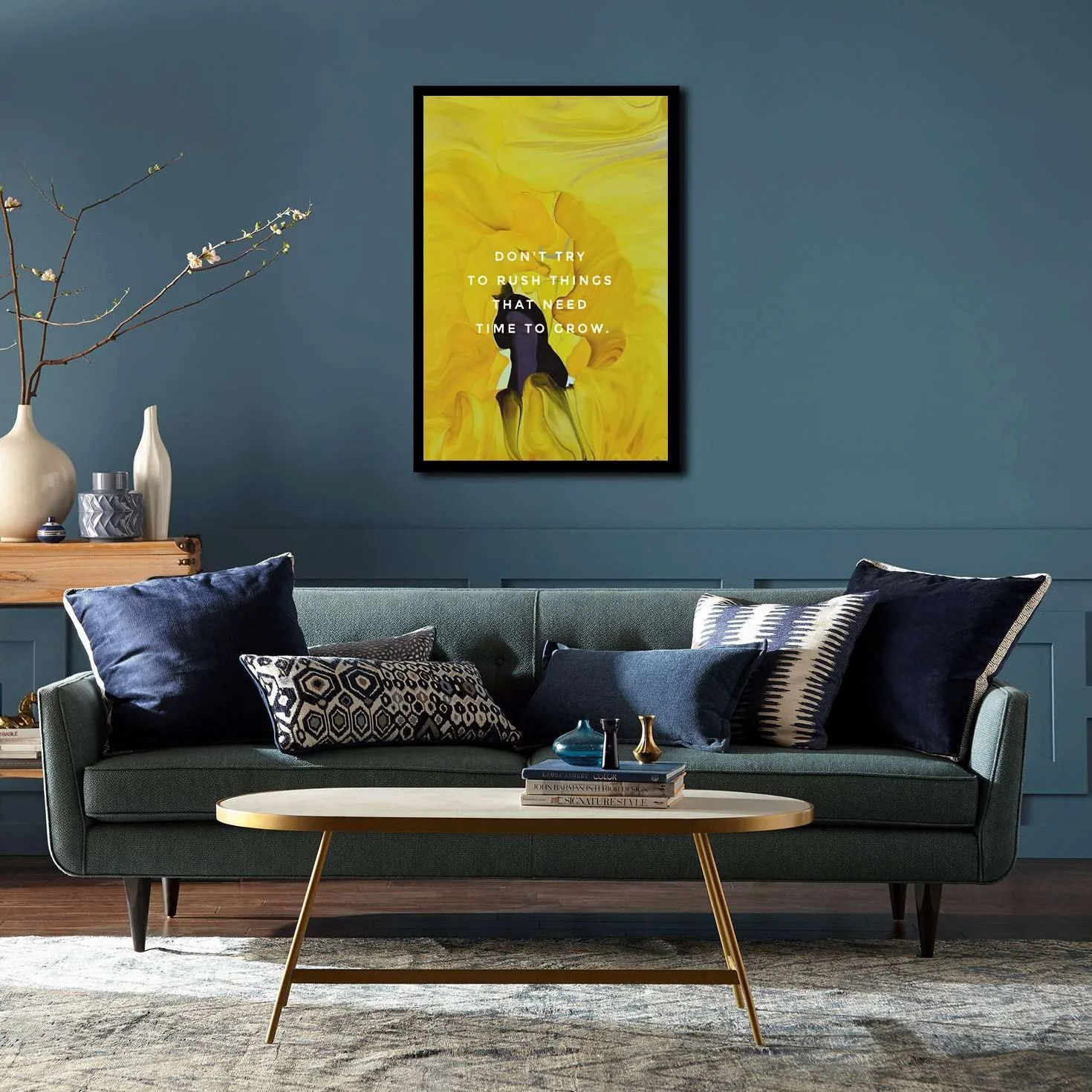 Póster con cita inspiradora para sala de estar con texto en inglés "Be patient Inspirational Don't try to rush things that need time to grow" para habitación estética, 20 x 30 cm, marco de metal negro