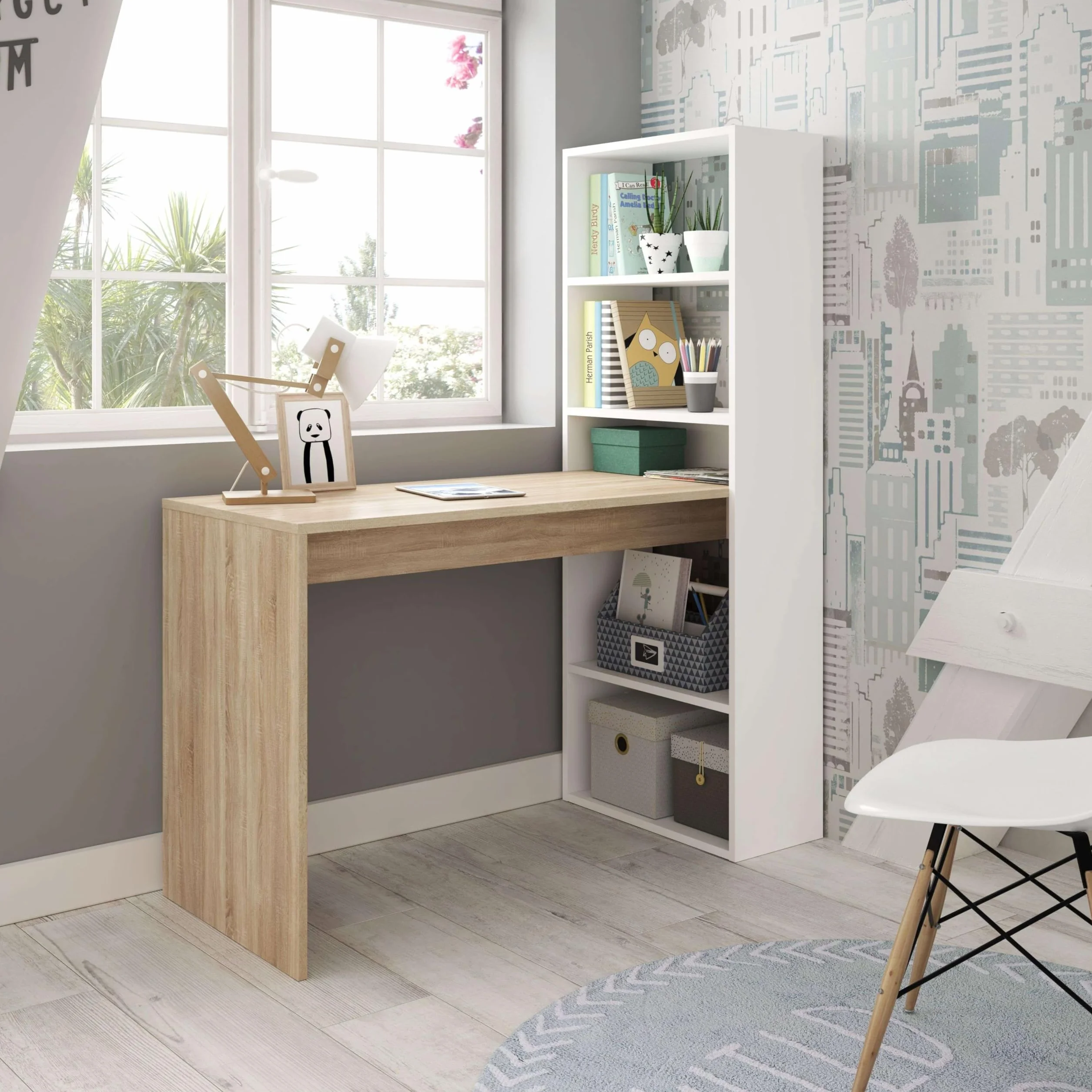 Miroytengo Escritorio Dormitorio Juvenil Duplo con Estantería Estilo Juvenil en Color Blanco Artik y Roble Canadian 120 cm