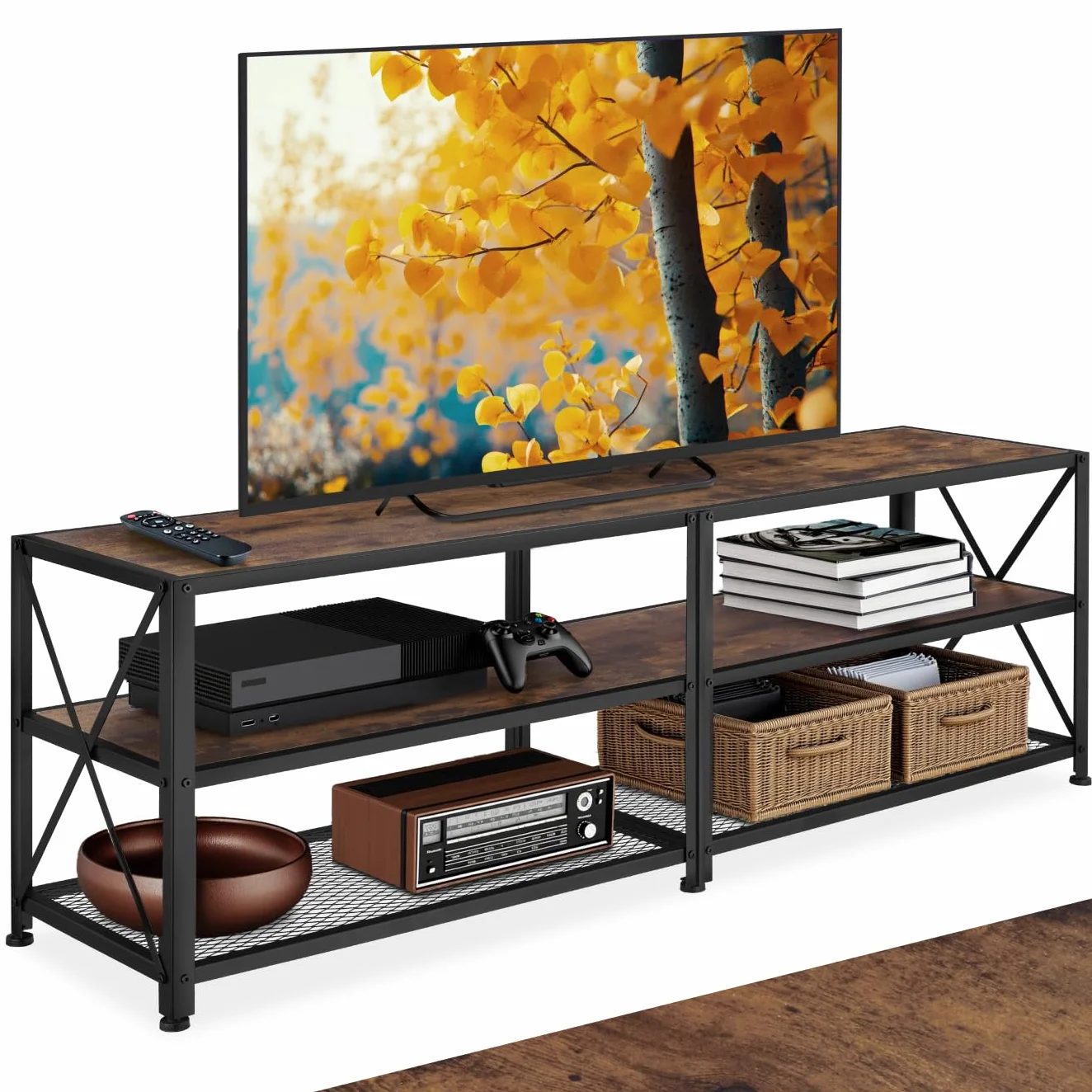 tectake® Mueble TV de Estilo Industrial, Aparador Salon para Televisor con 3 Alturas, Aparadores para Salon y Dormitorio - 161 x 41,5 x 50,5 cm Madera Industrial Oscura, Rústica