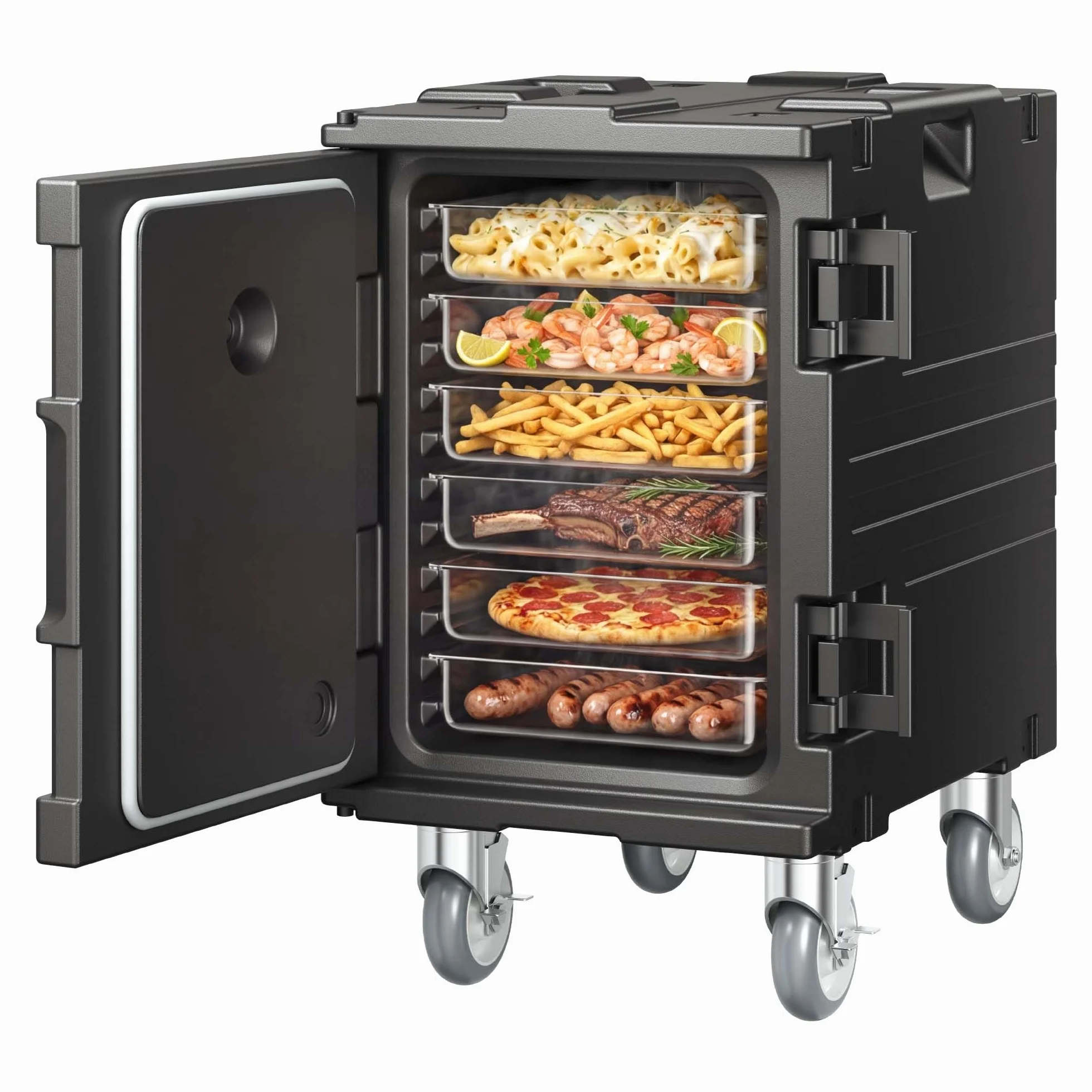 VEVOR Caja Térmica para Alimentos con Aislamiento, 90 L, para Catering, con Hebilla, Carga Frontal con Asas, Cargador Frontal con Ruedas para Restaurantes y Cantinas, 645 x 445 x 755 mm, Negro