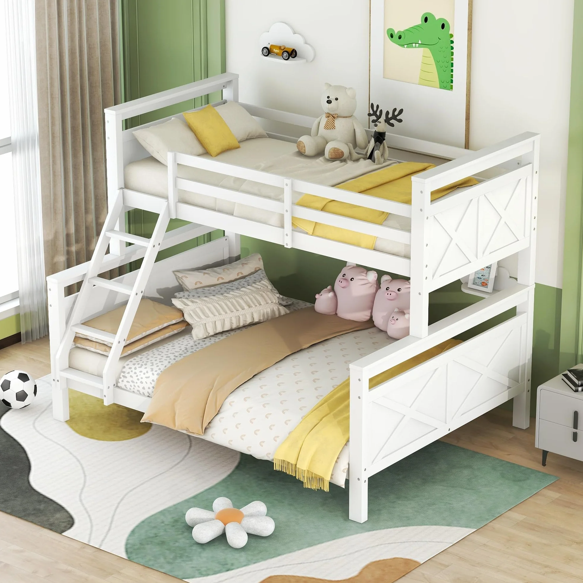 Cama de madera, litera con escalera y barandilla de seguridad, convertible en 2 camas individuales, cama doble, individual para niños, jóvenes y adultos (blanco)