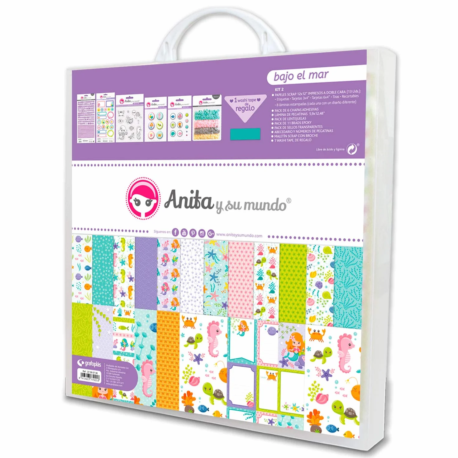 Anita y Su Mundo 37080736. Kit Scrapbooking Verano, Colección Bajo el Mar, Papeles, Pegatinas, Chapas, Brads, Lentejuelas, Abecedarios
