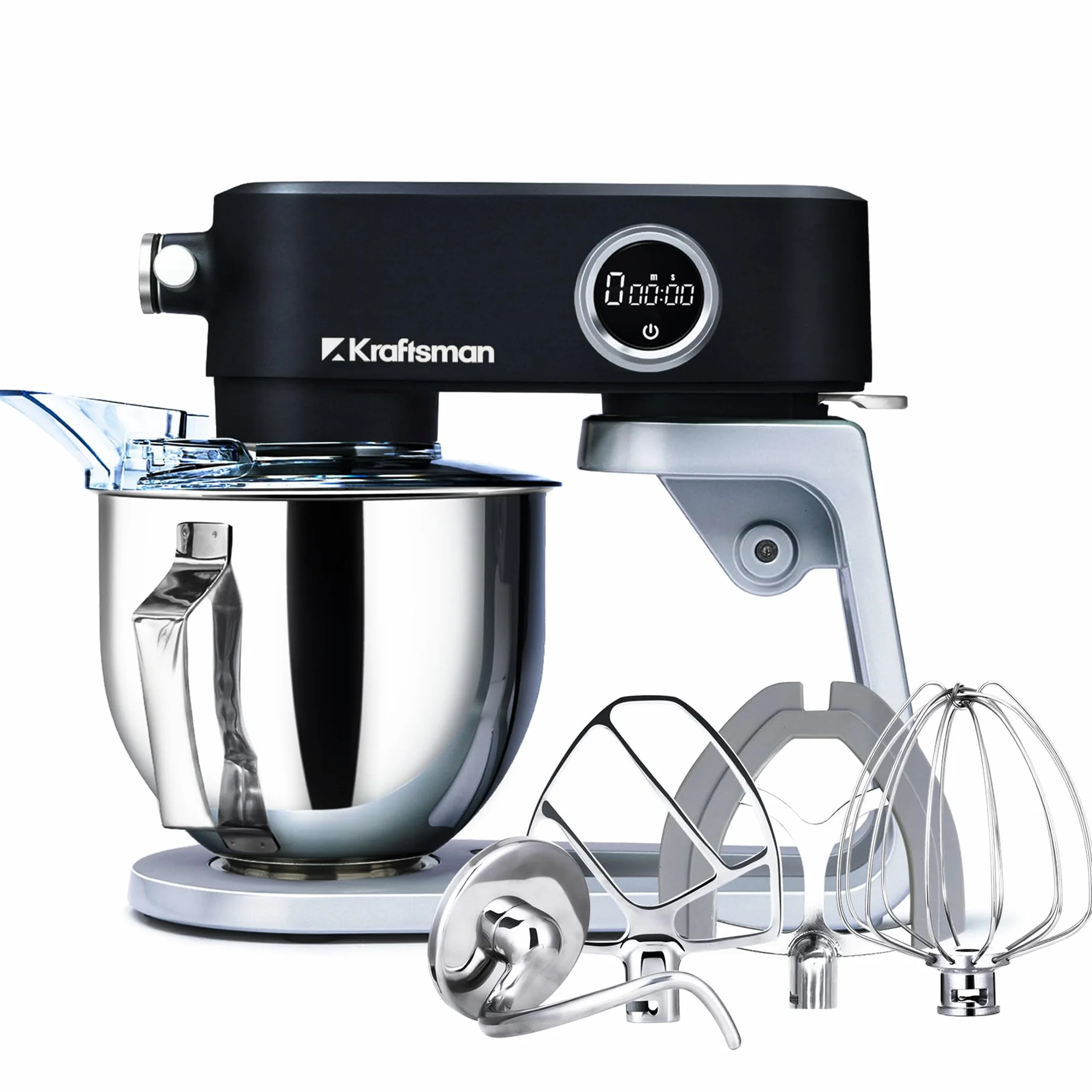 Robot de cocina, amasadora para masa de pan, carcasa de metal, 8 niveles con temporizador, cuenco de 5 L, 4 cabezales de acero inoxidable (Negro)