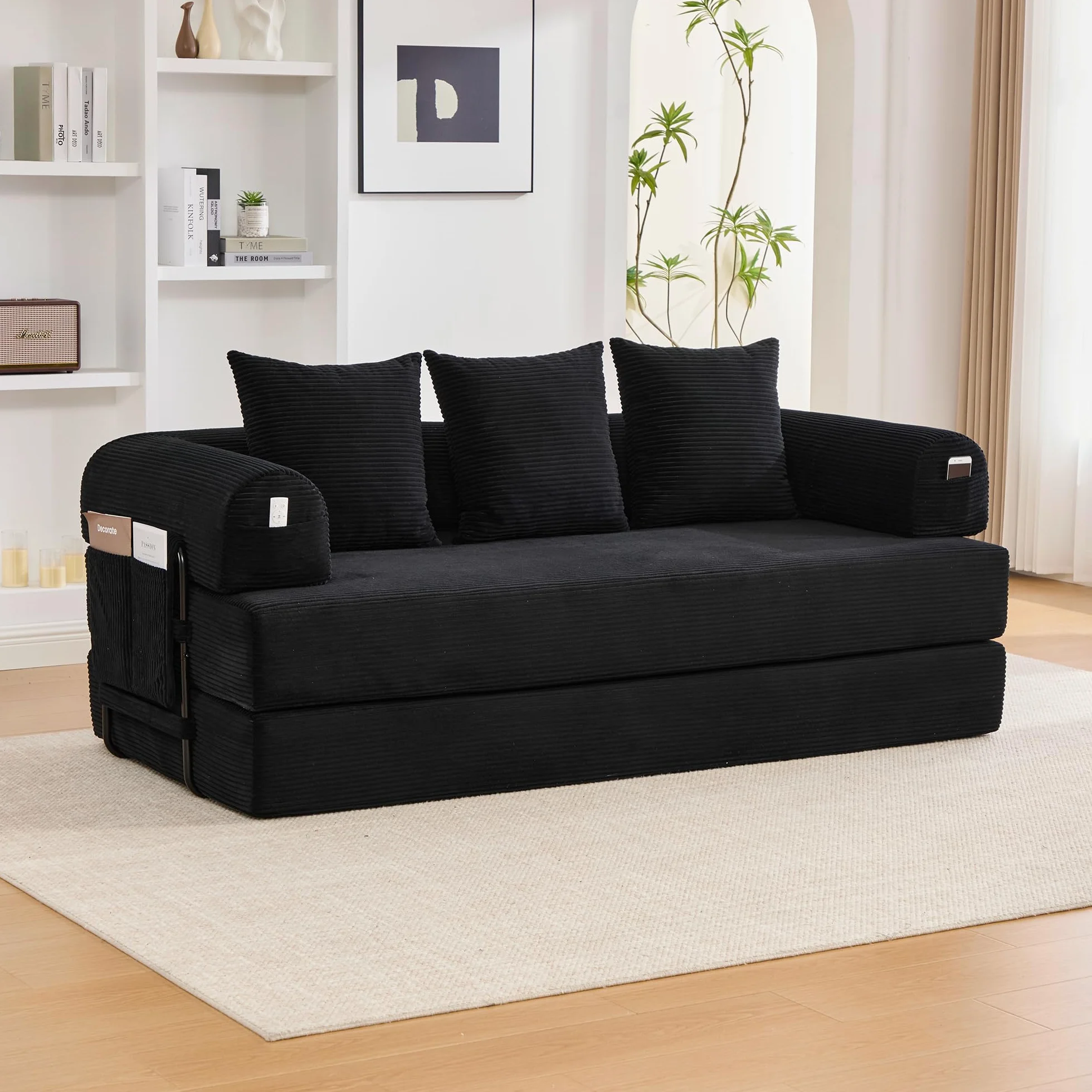 Sofa Cama Plegable Modular 3 Plazas de 200 cm, Sofá Cama con 3 Cojines y Estructura Metálica, Sofa 3 Plazas con Bolsillo Lateral, Sofás Comprimidos Boneless Couch, Pana, 200x94x67 cm, Negro