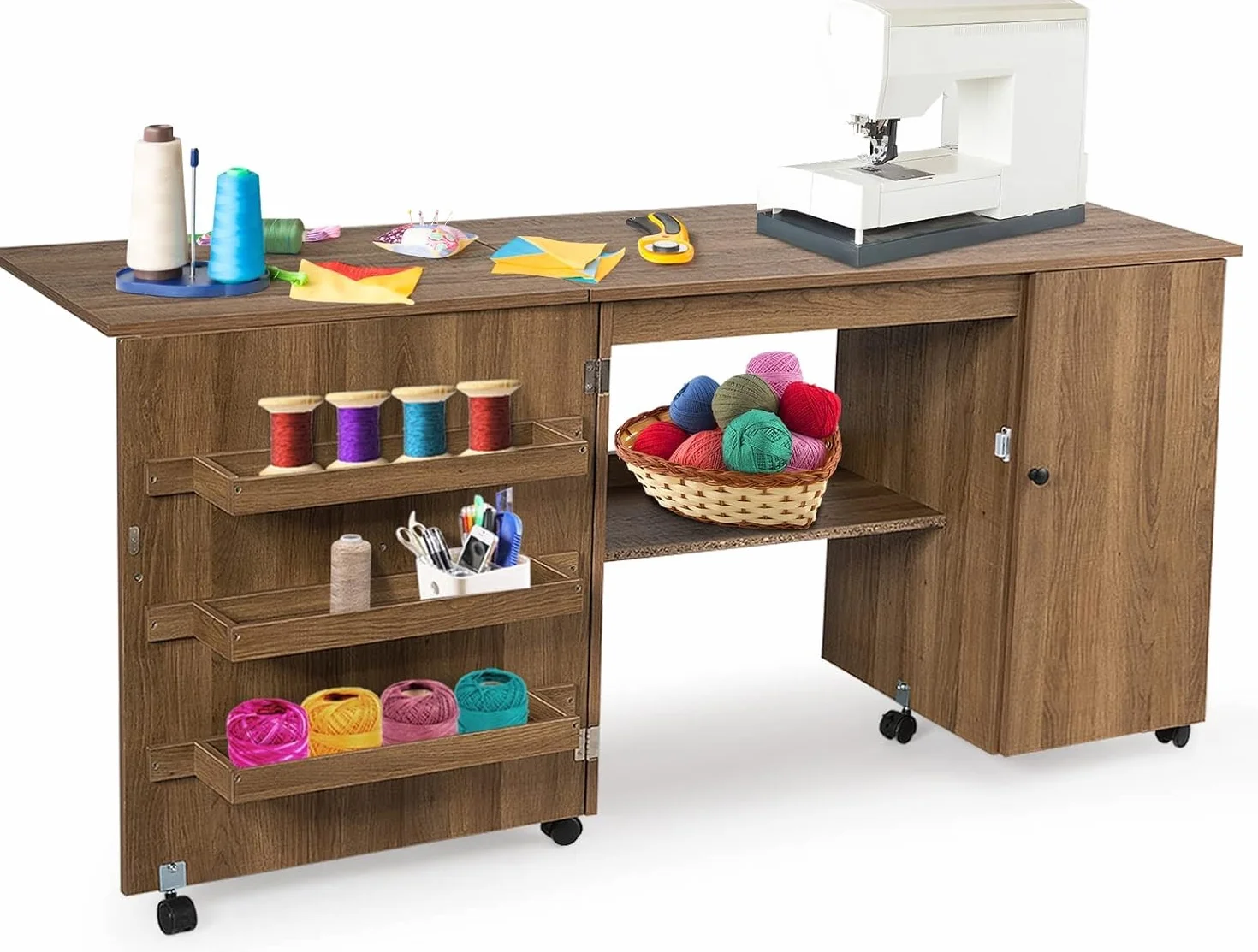 GIANTEX Armario de Costura Plegable con 5 Ruedas y 3 Estantes, Mesa Plegable de Costura con Tabique, Mueble para Máquina de Coser para Dormitorio, Salón y Estudio (Marrón)