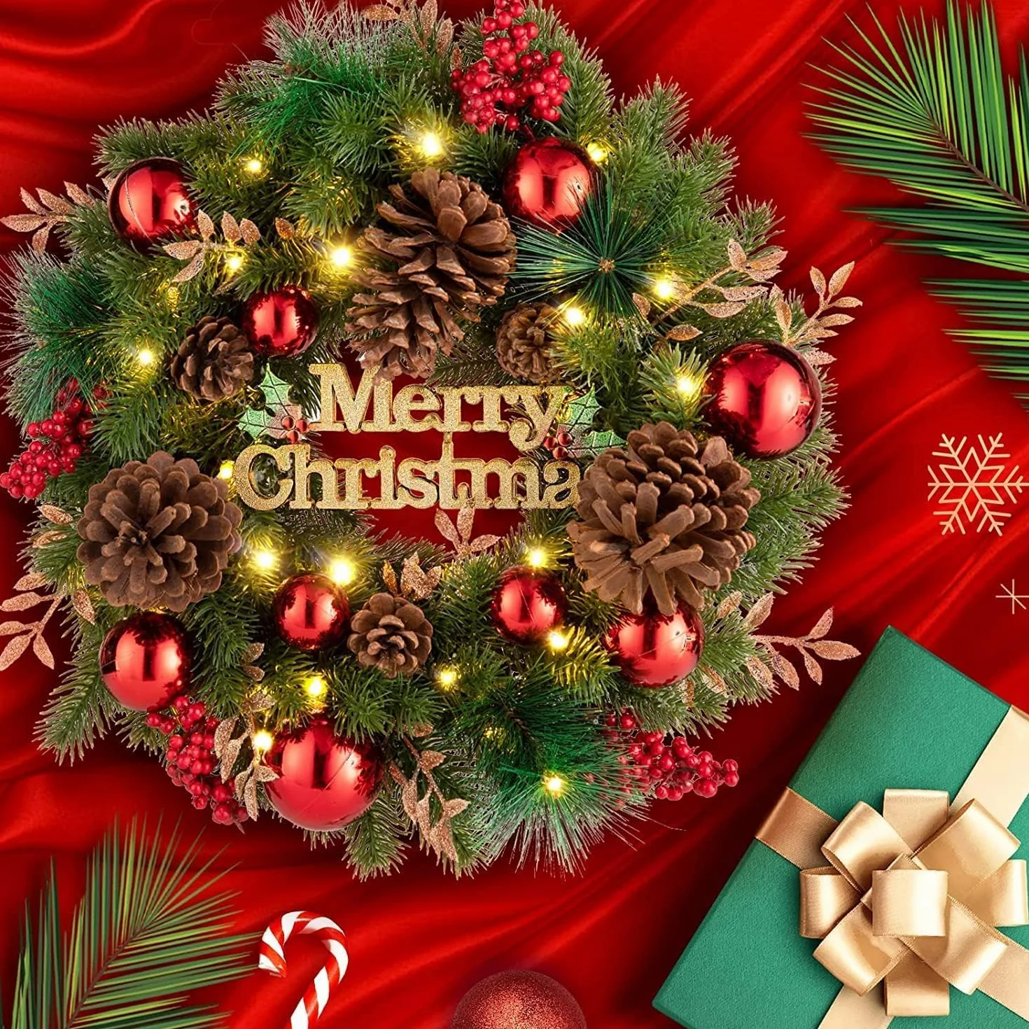 Avoalre 40CM Corona Navidad con Luces 40 Leds, Adorno de Guirnalda de Navidad 8 Modos y Función de Temporización Decoración Navidad para Puerta, Árbol, Pared, Ventana