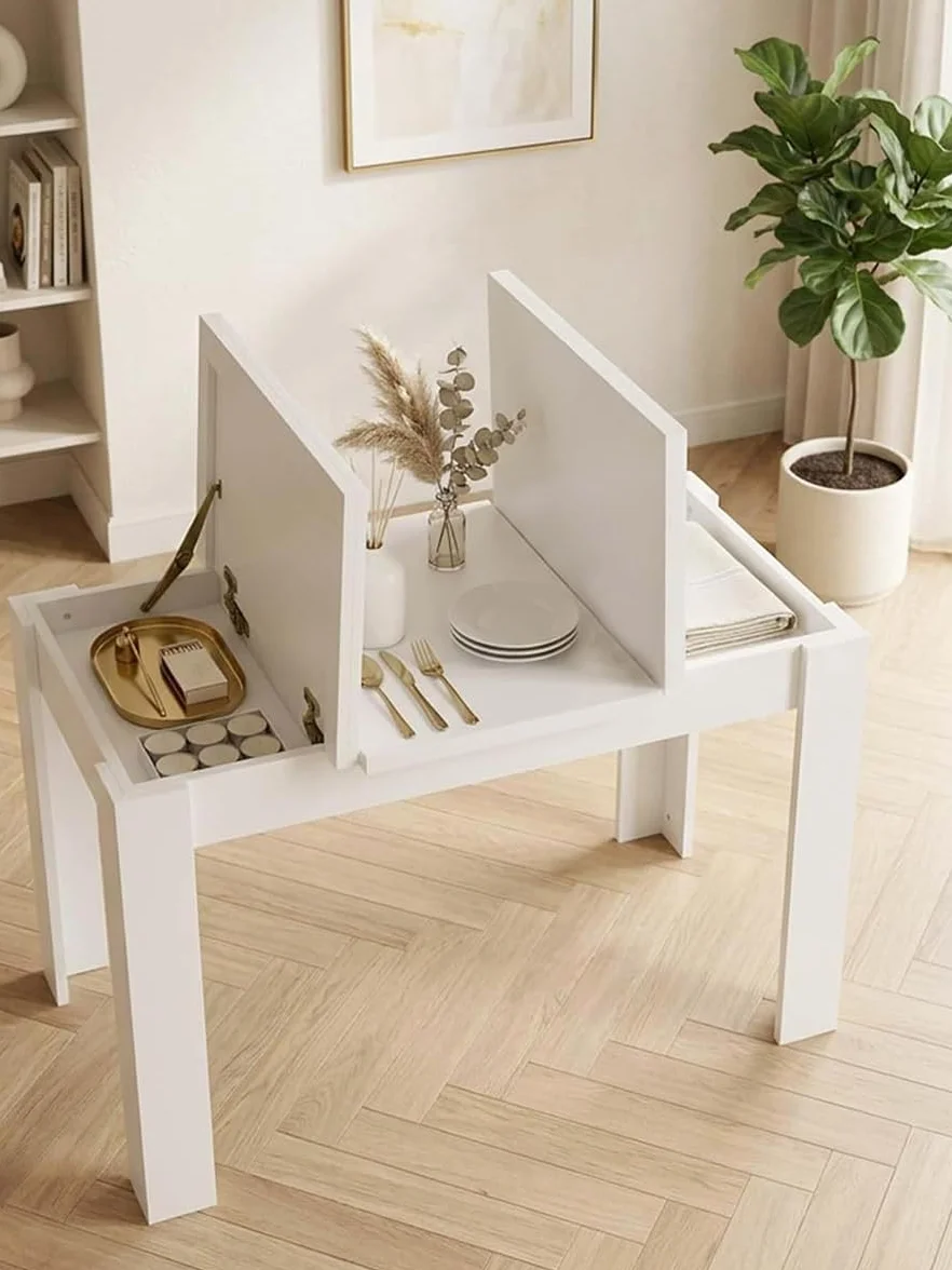 Mesa Comedor Blanca Rectangular Mesa Cocina Salón 120×70×75cm | Dos tapas laterales elevables ocultan compartimentos para vajilla y utensilios, mientras el panel central queda disponible