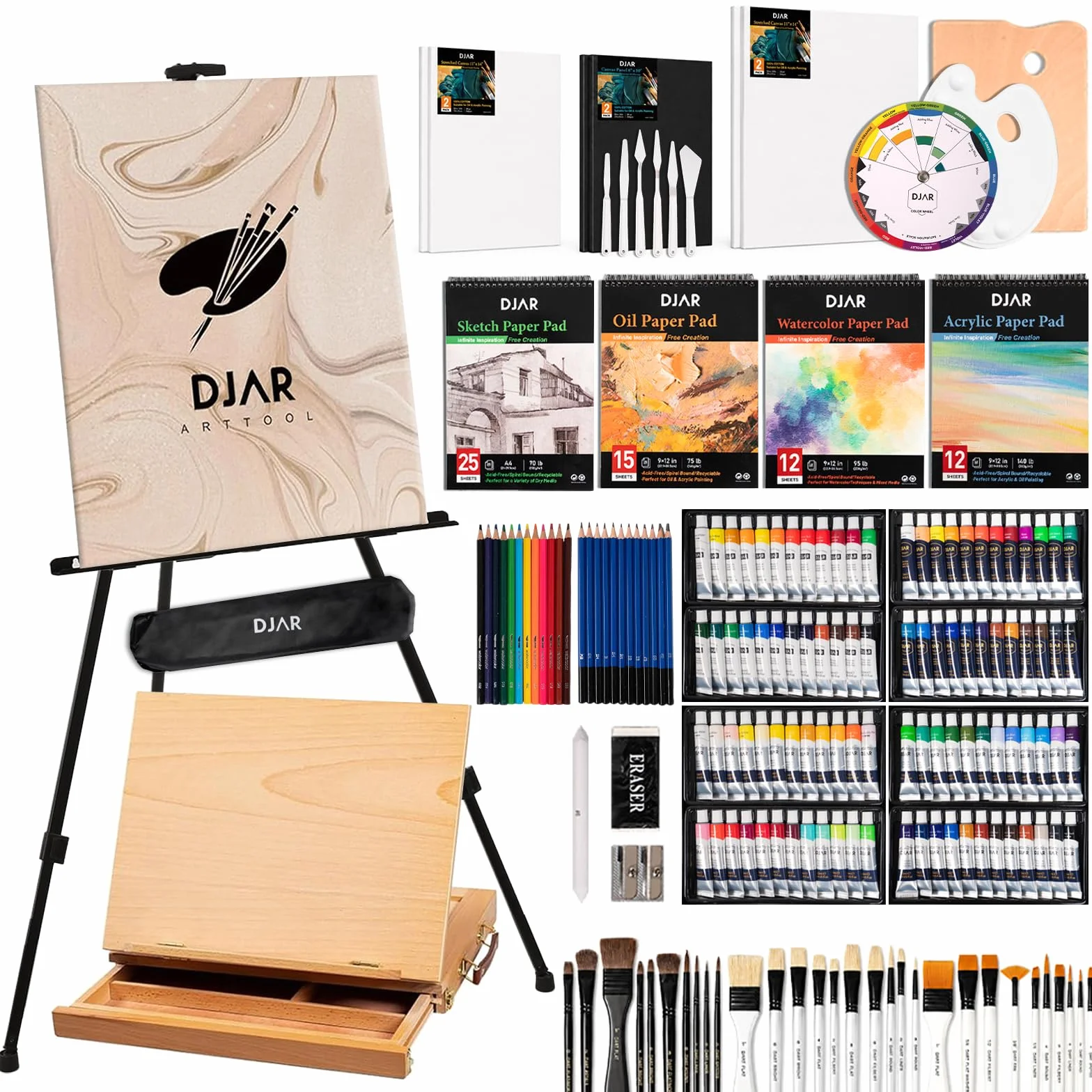 DJAR Set de Pintura Completo 174 Piezas con Caballete de Mesa, Kit Definitivo de Acrílico, Acuarela y Óleo, 96 Colores para Principiantes, Profesionales y Artistas