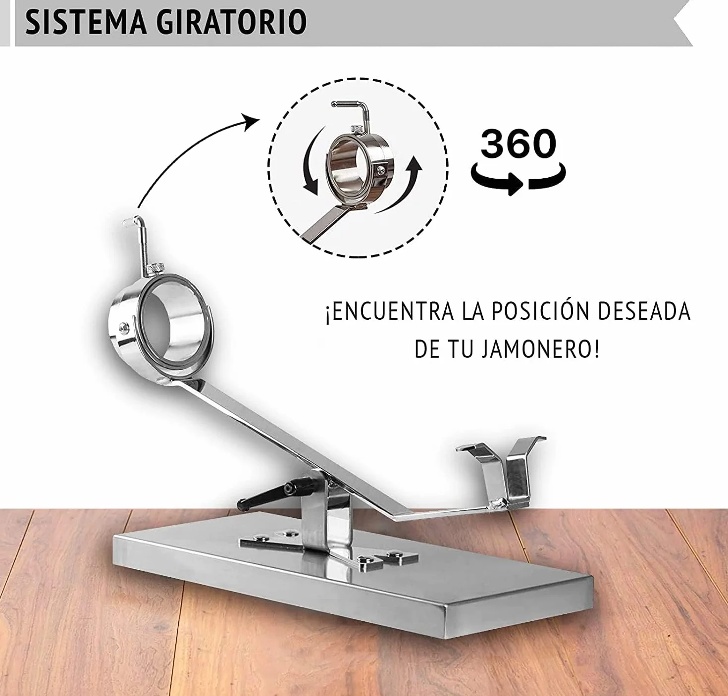 BRICOMIRAS JAMONERO BASCULANTE GIRATORIO CON BASE INOXIDABLE. SOPORTE JAMONERO IDEAL USO DOMÉSTICO Y PROFESIONAL (Inoxidable solo)