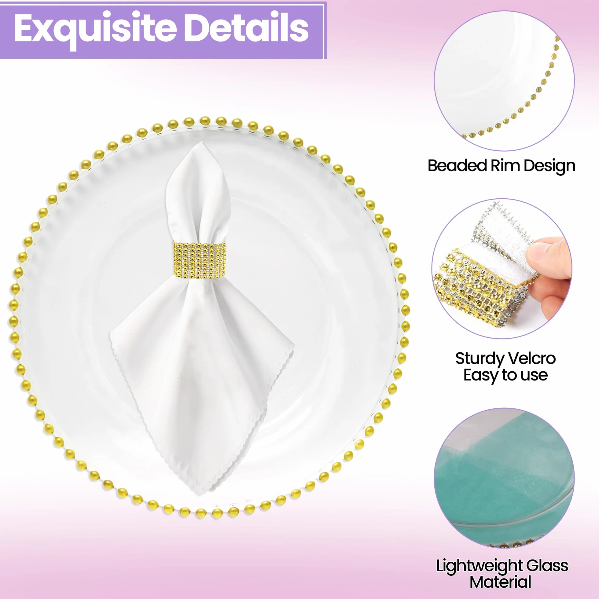 Elegante juego de platos de cristal transparente y servilleteros dorados, 10 piezas, diseño de cuentas, platos de 33 cm para bodas, cenas, fiestas y eventos, mesa reutilizable y manteles individuales