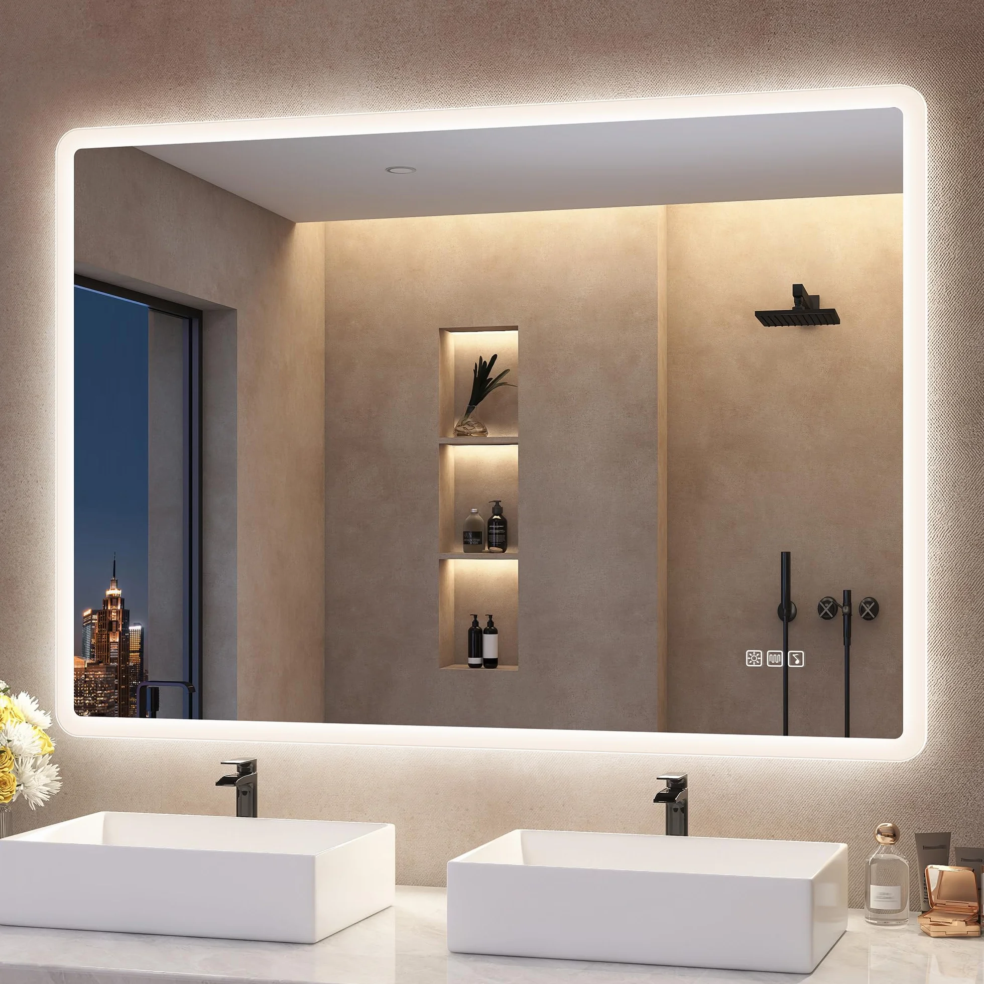 S'bagno Espejo-Baño-con-Luz 100x70cm, Espejo-Baño-Led-Bluetooth, Antivaho, 3 Colores, Regulable, Memoria, Vidrio Templado HD, Resistente Al Agua IP44, Vertical/Horizontal