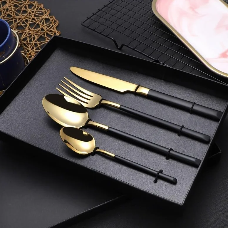 Este Juego de Cubiertos de Acero Inoxidable 304 Incluye Cuchillo, Tenedor, Cuchara y Cuchara de café para el hogar y el Hotel, con Caja, Color Negro (10 Piezas).