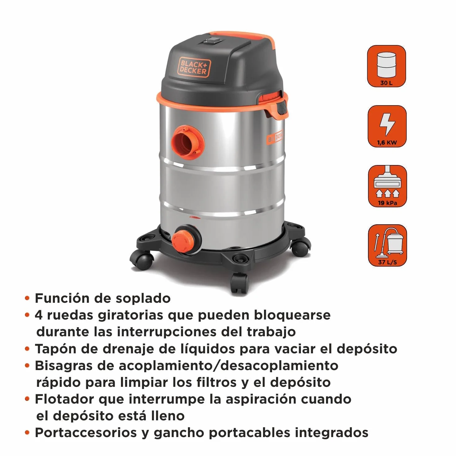 Black+Decker BXVC30XDE Aspirador Multiuso de sólidos y líquidos (1600 W, 30 L, Acero INOX)