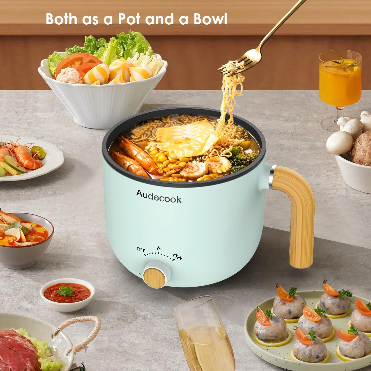 Audecook Olla Eléctrica 1,5L Mini Olla Multifuncional Portátil con Vaporera y Doble Control de Potencia